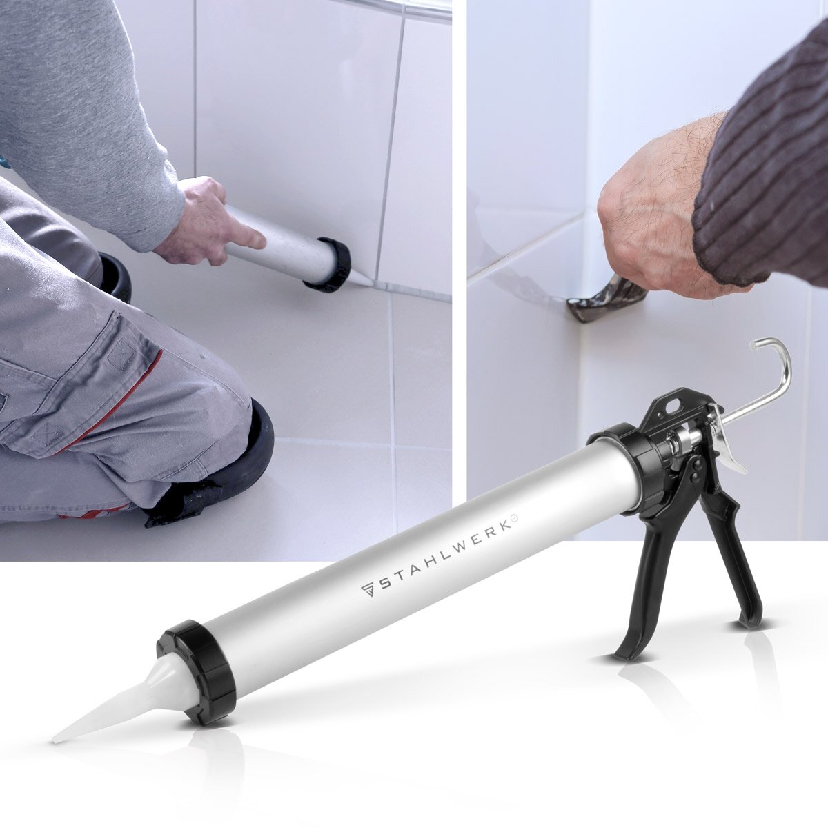 STAHLWERK Pistola de silicona SP-600 ST con espátula de silicona Prensa de cartucho de aluminio de 600 ml | Pistola para calafatear con raspador de silicona | Extractor de juntas | Alisador de articulaciones | removedor de silicona