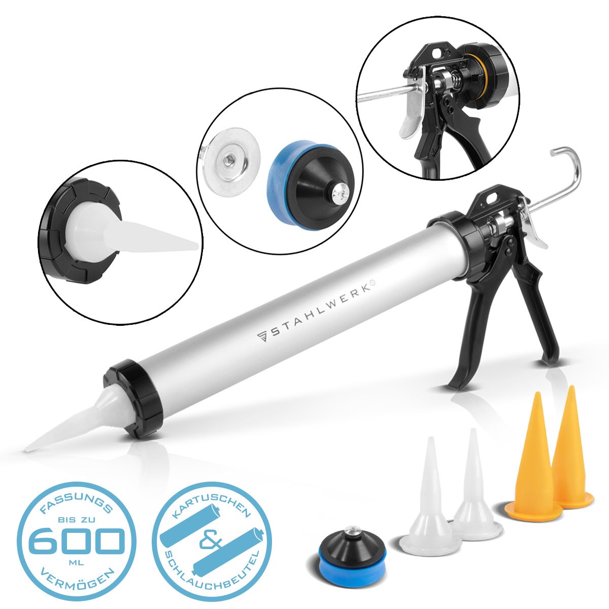 STAHLWERK Pistola de silicona SP-600 ST con espátula de silicona Prensa de cartucho de aluminio de 600 ml | Pistola para calafatear con raspador de silicona | Extractor de juntas | Alisador de articulaciones | removedor de silicona