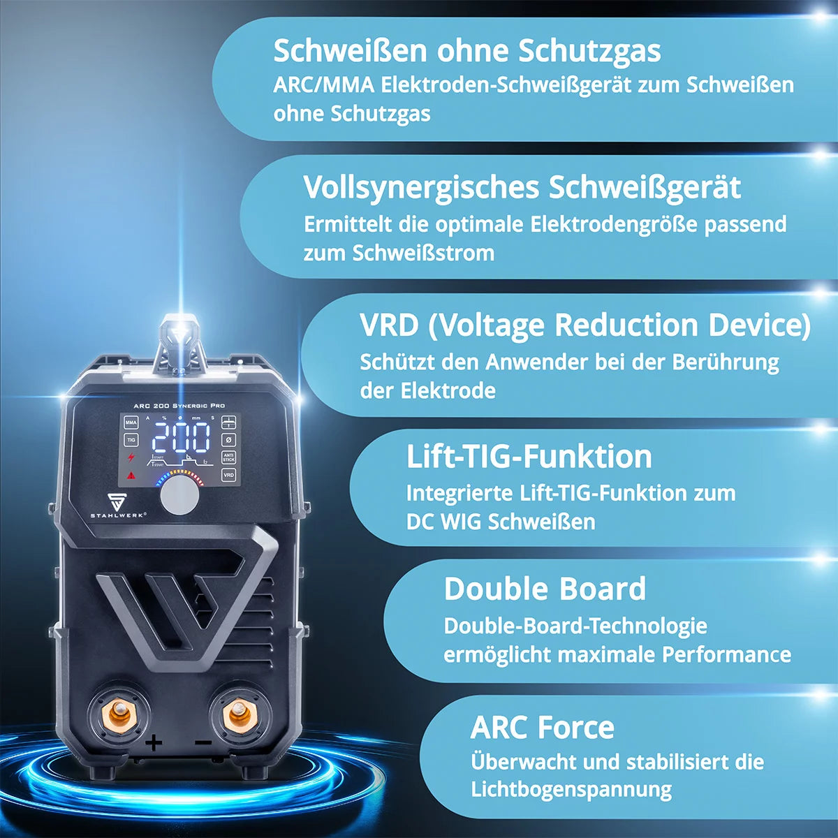 Poste de soudage à électrode STAHLWERK ARC 200 Synergic Pro, MMA entièrement synergique | E-main | Onduleur Lift-TIG avec 200 ampères et technologie IGBT