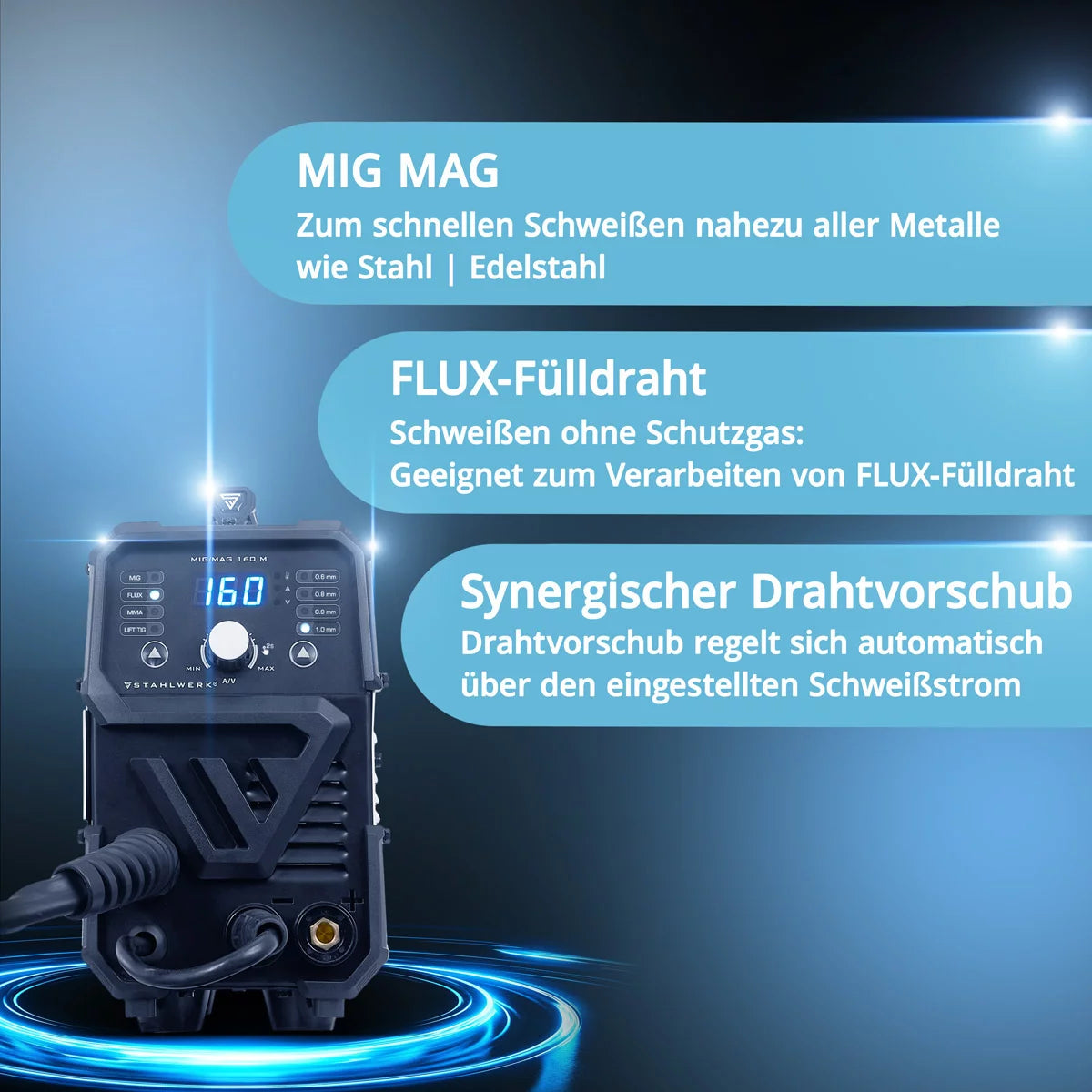 STAHLWERK MIG MAG 160 M Máquina de soldar totalmente equipada Dispositivo combinado 5 en 1 totalmente sinérgico con 160 amperios reales y 2 rollos de hilo conductor/con núcleo, MIG MAG, ARC MMA, Lift TIG