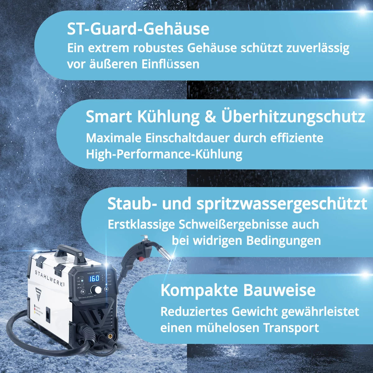 STAHLWERK MIG MAG 160 M Máquina de soldar totalmente equipada Dispositivo combinado 5 en 1 totalmente sinérgico con 160 amperios reales y 2 rollos de hilo conductor/con núcleo, MIG MAG, ARC MMA, Lift TIG
