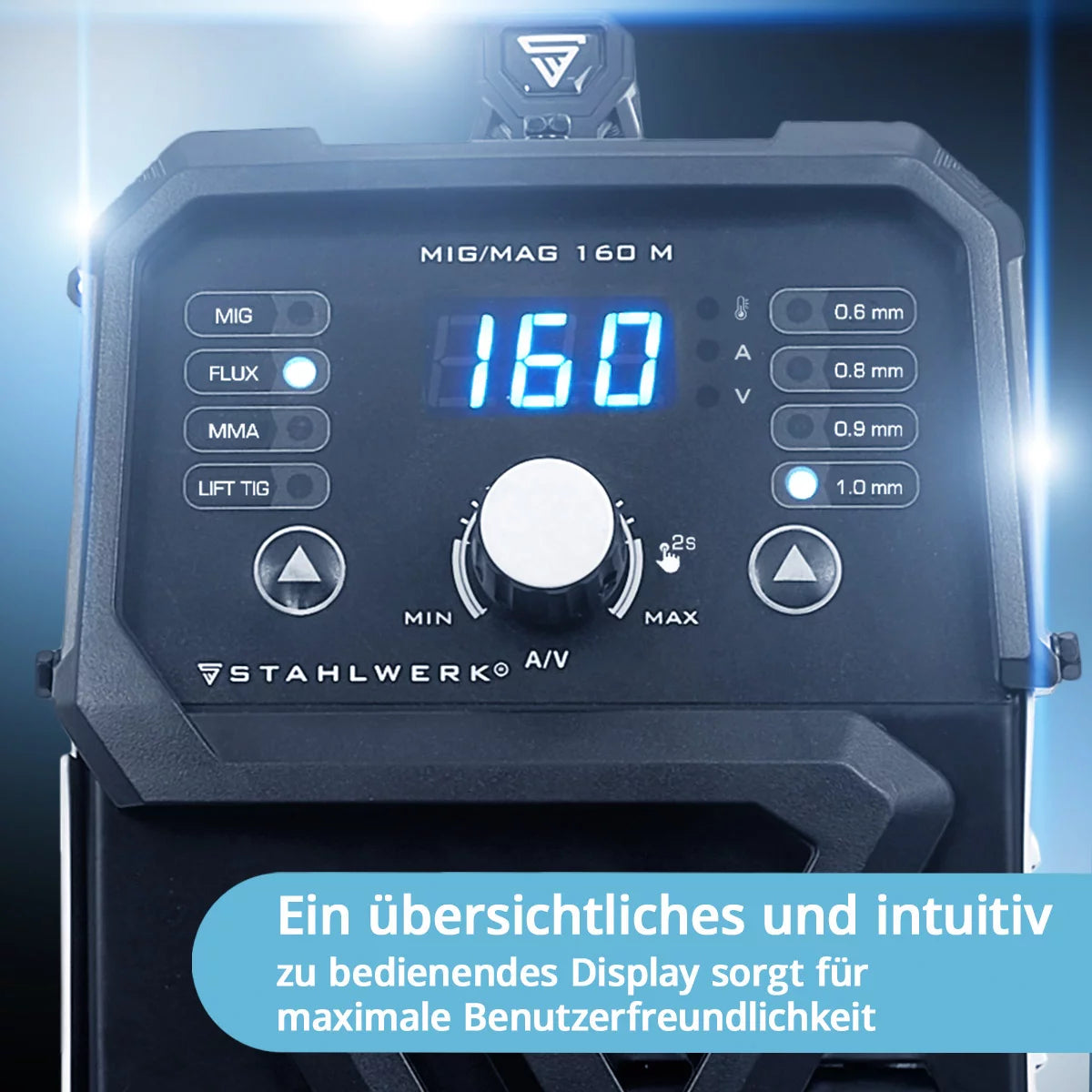 STAHLWERK MIG MAG 160 M Máquina de soldar totalmente equipada Dispositivo combinado 5 en 1 totalmente sinérgico con 160 amperios reales y 2 rollos de hilo conductor/con núcleo, MIG MAG, ARC MMA, Lift TIG