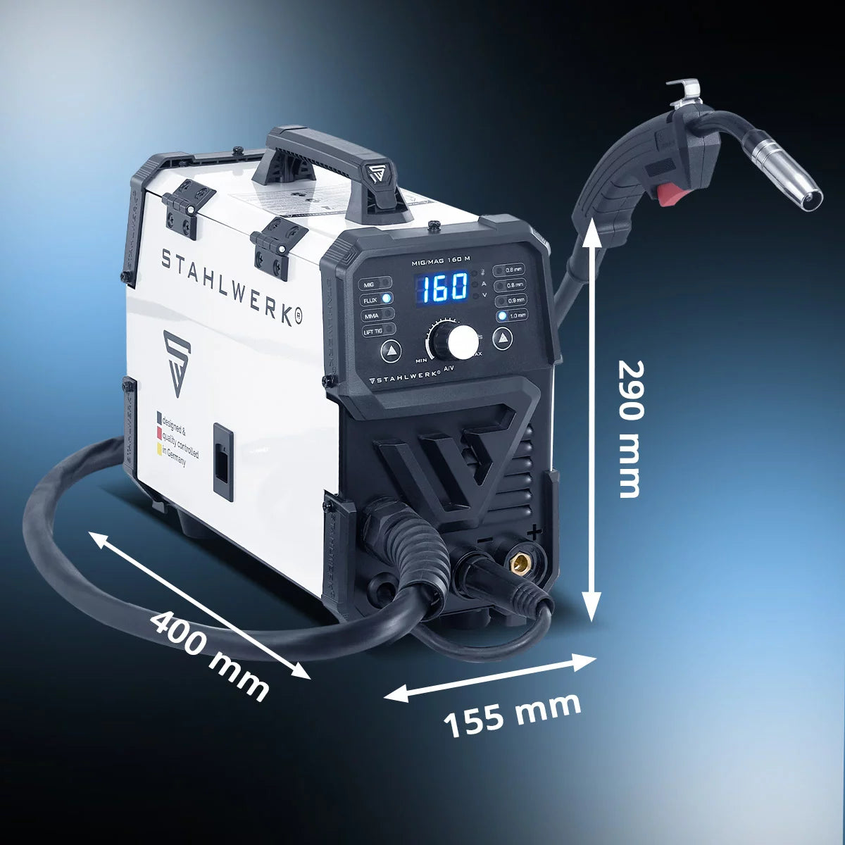 STAHLWERK MIG MAG 160 M Máquina de soldar totalmente equipada Dispositivo combinado 5 en 1 totalmente sinérgico con 160 amperios reales y 2 rollos de hilo conductor/con núcleo, MIG MAG, ARC MMA, Lift TIG