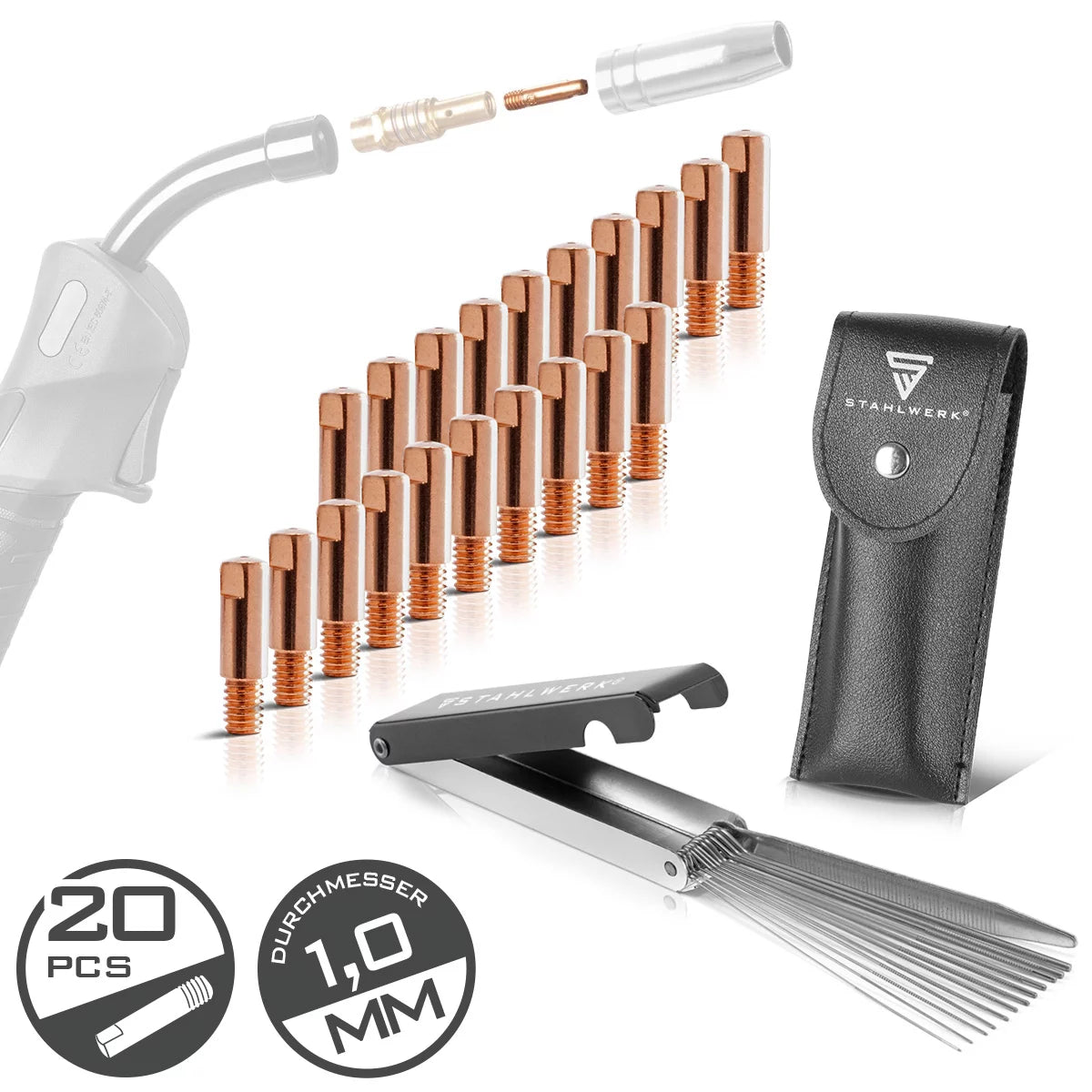 STAHLWERK MIG MAG Stromdüsen-Set | 20er Set Stromdüsen M6x25 1,0 mm |13-in-1 Düsenreiniger im Etui | Zubehör für AK15, MB15, AK14, MB14 | Reinigungs- und Verschleißteile-Set für MIG/MAG-Schweißbrenner
