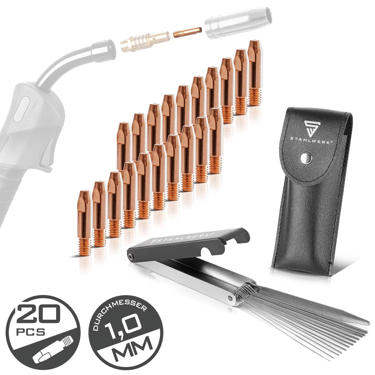STAHLWERK MIG MAG Stromdüsen-Set | 20er Set Stromdüsen M6x28 1,0 mm |13-in-1 Düsenreiniger im Etui | AK25, MB25, KD24, MB24 | Reinigungs- und Verschleißteile-Set MIG/MAG-Schweißbrenner
