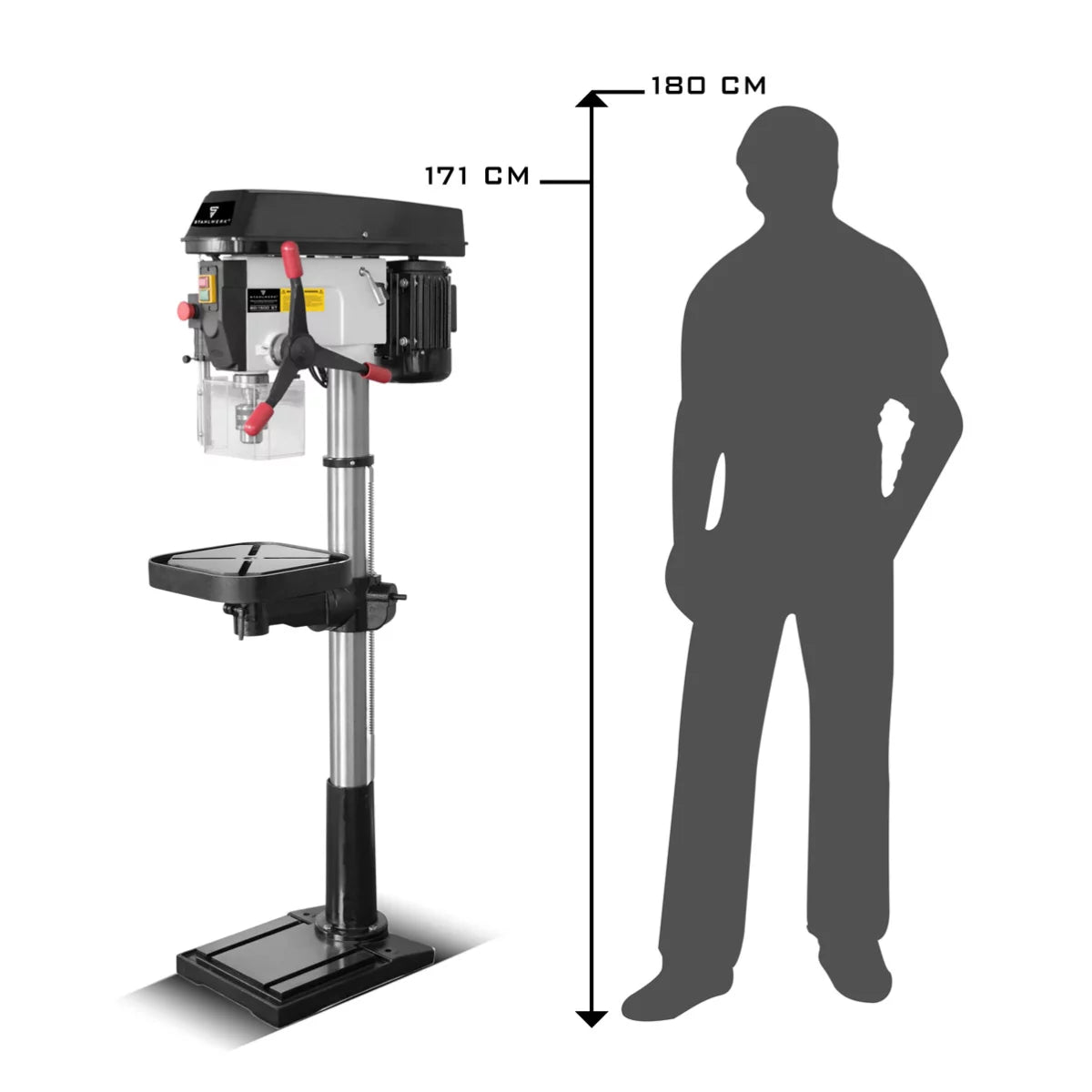 Taladradora de columna STAHLWERK BD-1500 ST | Potente taladro de columna de 1500 vatios para aficionados al bricolaje y la construcción metálica | Diámetro de perforación Ø 20 mm | 150 - 2.450 rpm | Mesa de perforación robusta y base de metal