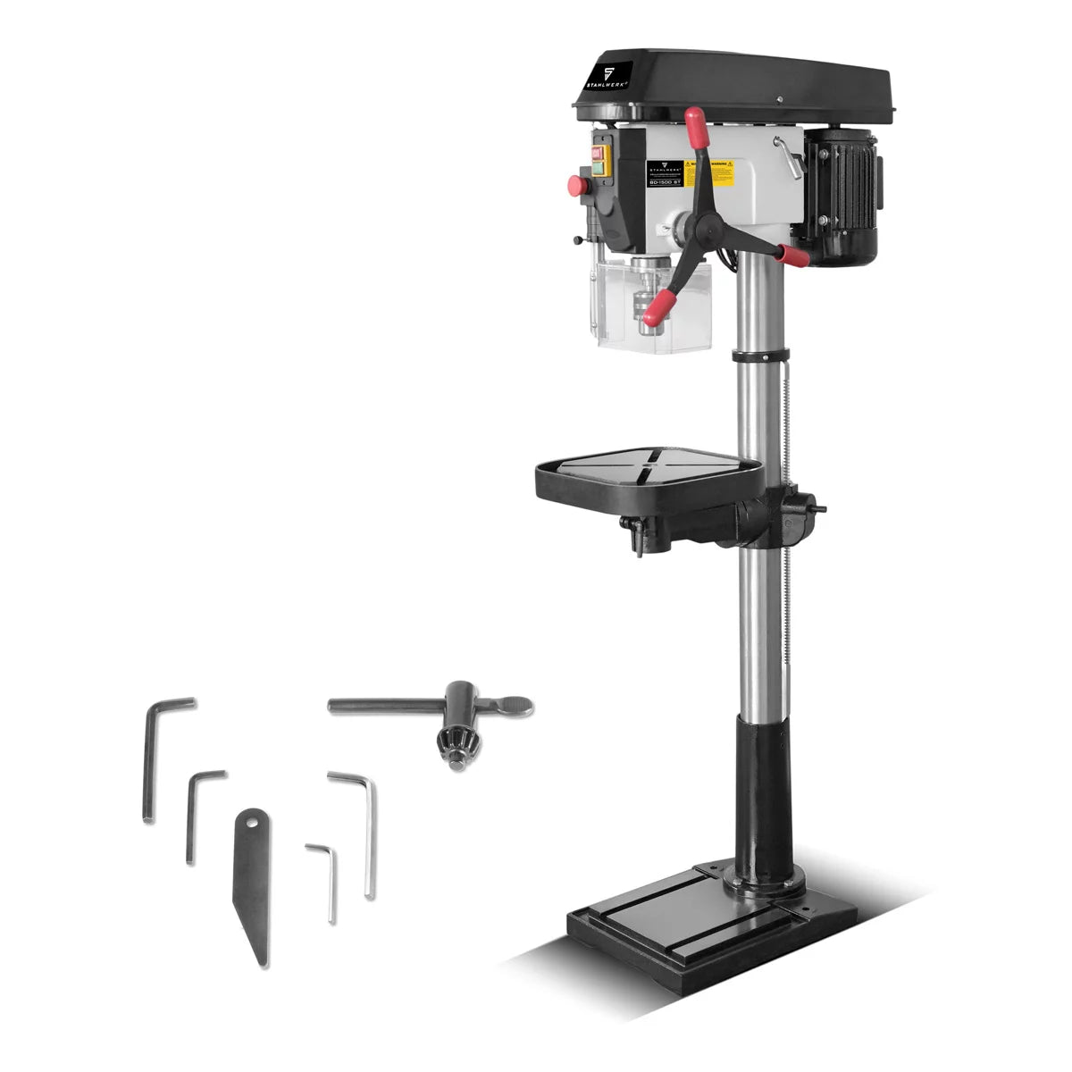 Taladradora de columna STAHLWERK BD-1500 ST | Potente taladro de columna de 1500 vatios para aficionados al bricolaje y la construcción metálica | Diámetro de perforación Ø 20 mm | 150 - 2.450 rpm | Mesa de perforación robusta y base de metal
