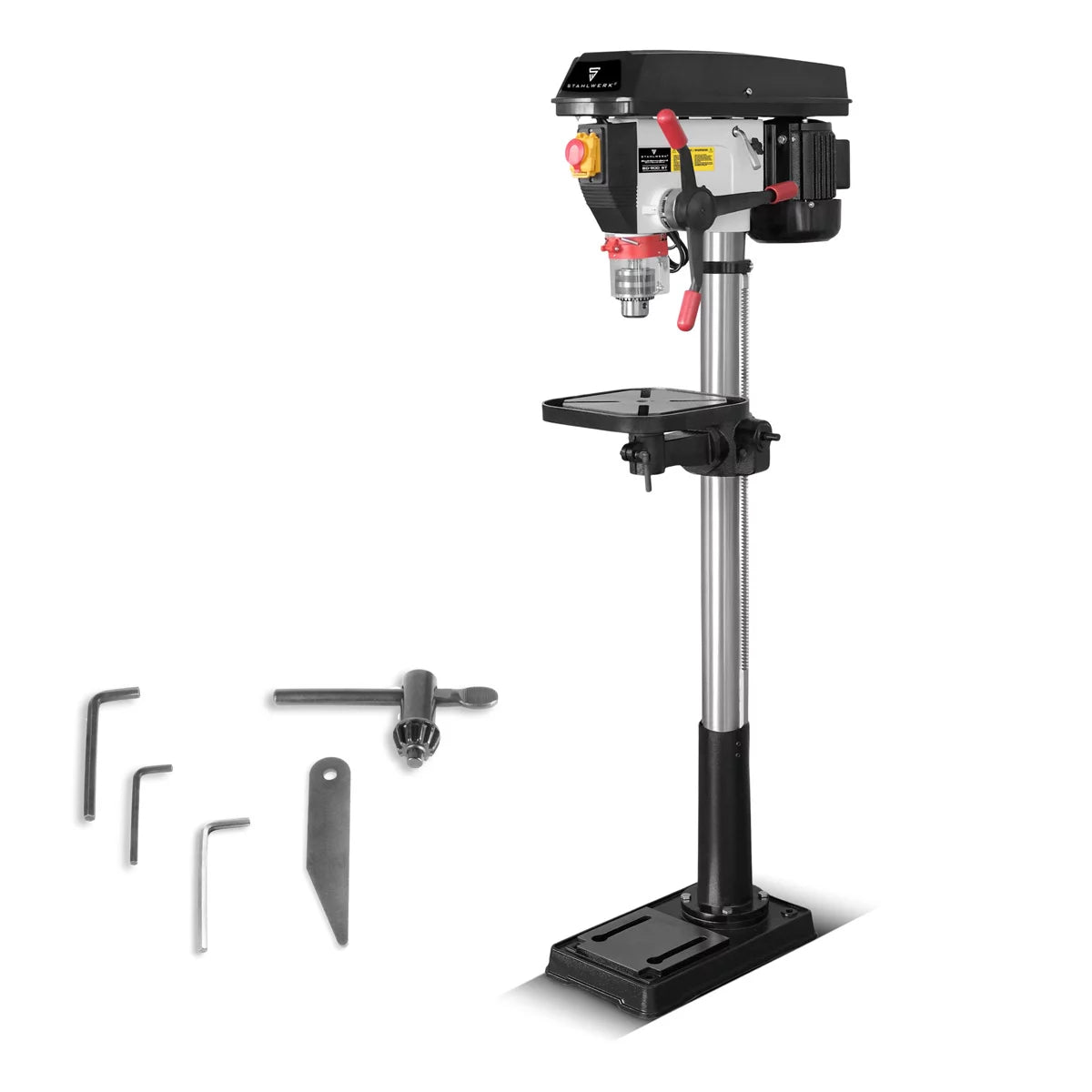 Taladradora de columna STAHLWERK BD-900 ST | Potente taladro de columna de 900 vatios para aficionados al bricolaje y la construcción metálica | Diámetro de perforación Ø 20 mm | 280 - 2.380 rpm | Mesa de perforación robusta y base de metal