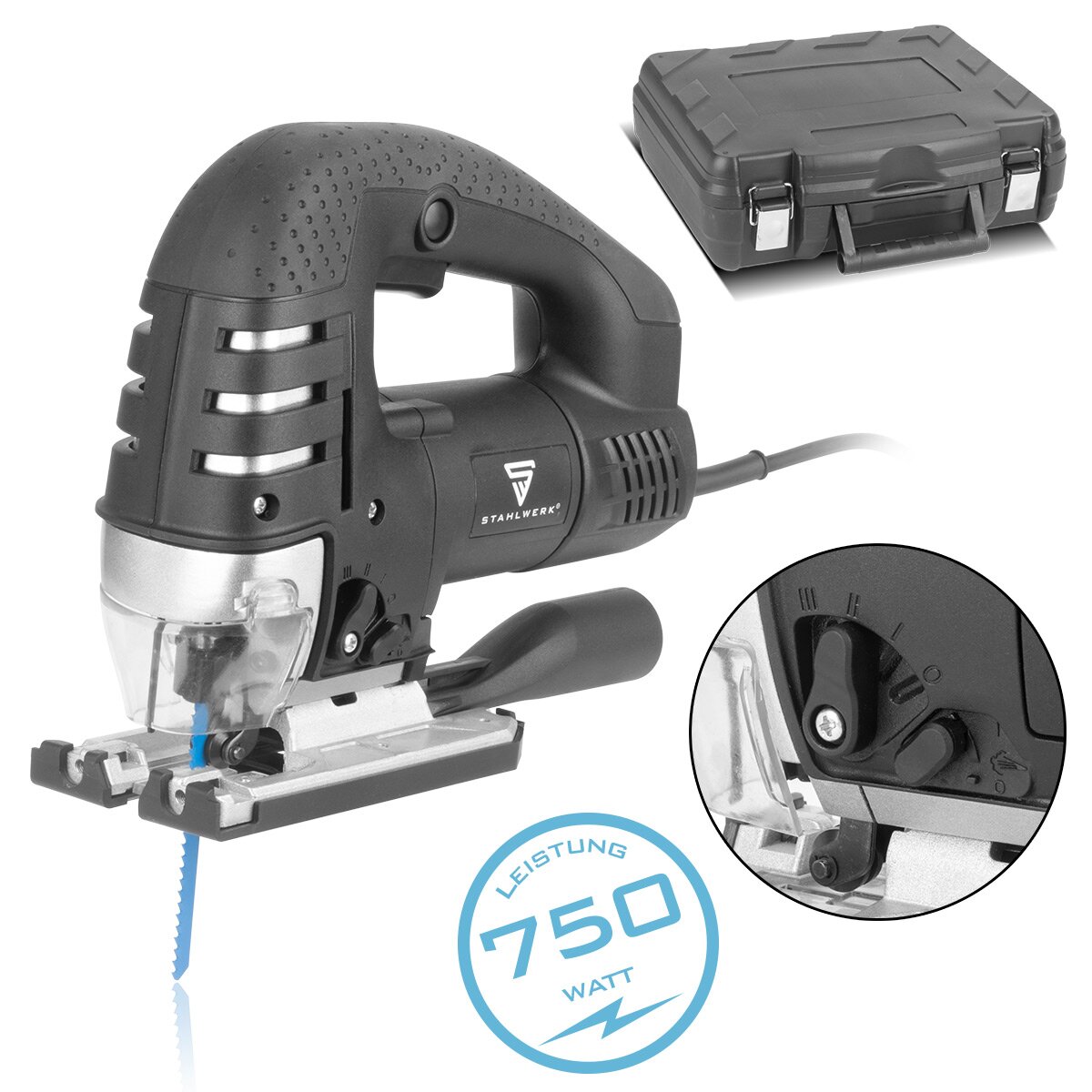 Scie sauteuse STAHLWERK JSB-750 ST avec scie électrique 700 W, 600 - 2 800 tr/min et angle d'inclinaison de 45° | Scie de levage pendulaire | Scie sauteuse pendulaire avec rail de guidage pour scier le bois, le métal et le plastique