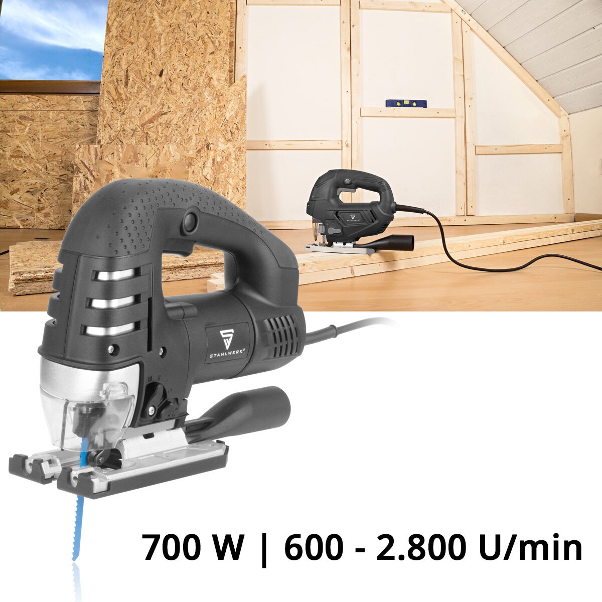 STAHLWERK Stichsäge JSB-750 ST mit 700 W, 600 - 2.800 U/min und 45° Neigungswinkel elektrische Säge | Pendelhubsäge | Pendelhubstichsäge mit Führungsschiene zum Sägen von Holz, Metall und Kunststoff
