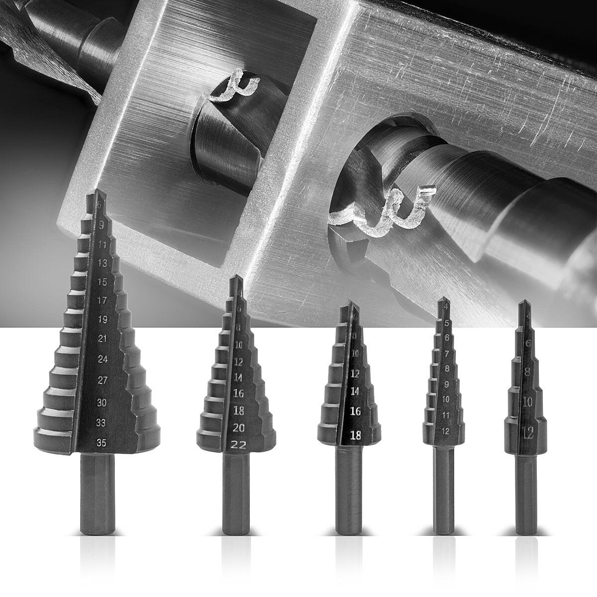 STAHLWERK HSS step drill / cone drill set 5 pieces with TiAlN coating, countersunk drill / metal drill for precise drilling of alloyed and non-alloyed steels including plastic storage box