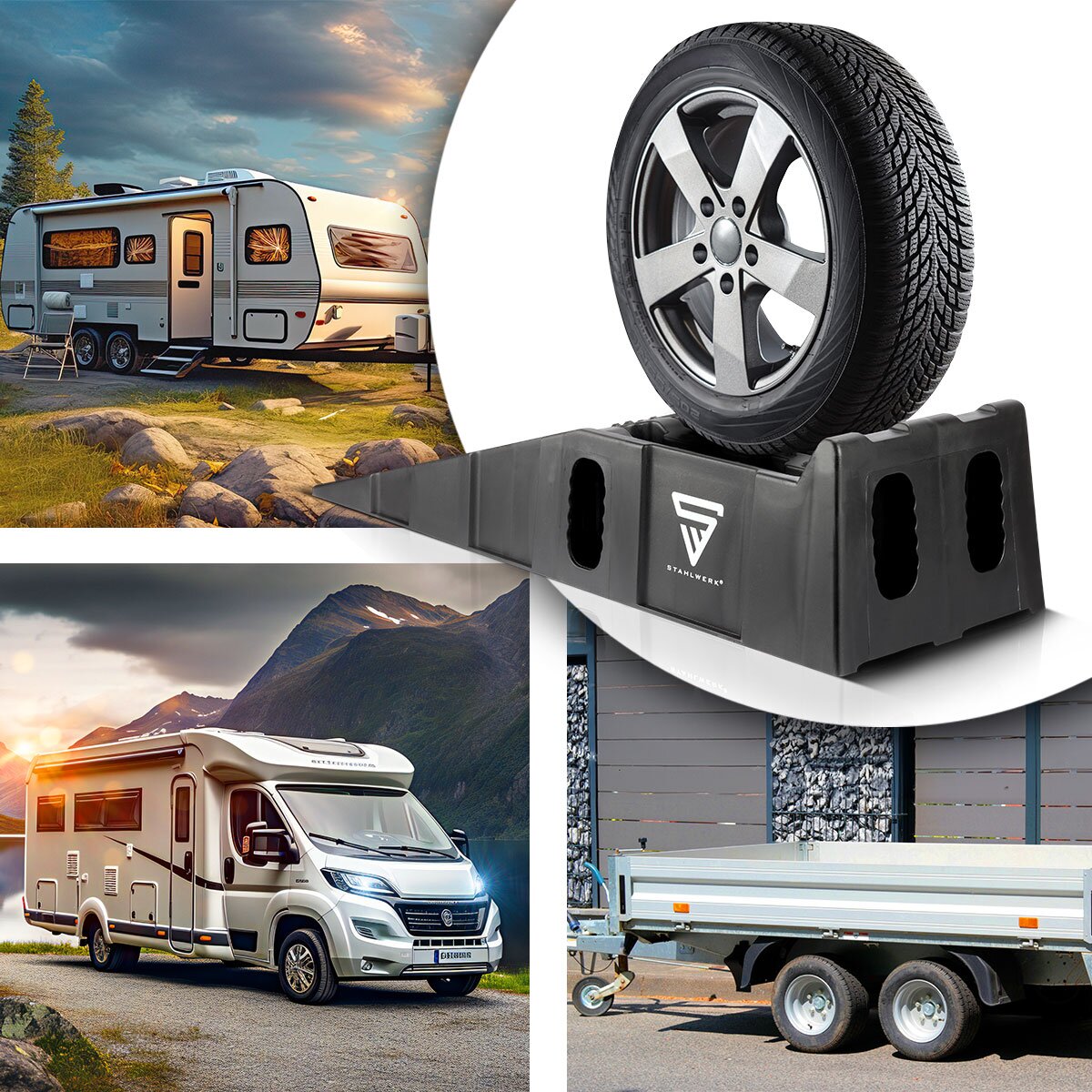 STAHLWERK Stufenkeil GT-15 ST 2er Set mit 6 t Tragkraft 905 x 330 x 215 mm Auffahrkeil | Unterlegkeil | Auffahrrampe | Auffahrbock | Ausgleichkeil für Wohnmobil, Caravan, Wohnwagen oder Anhänger