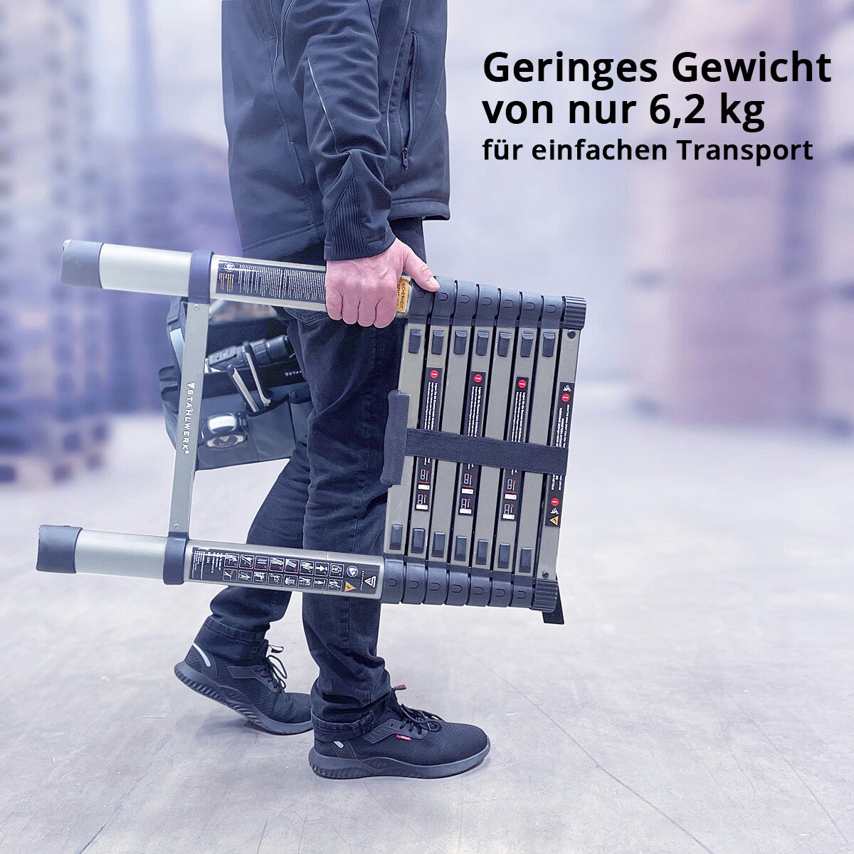 STAHLWERK telescopic ladder TL-260 ST with 150 kg load capacity and 2.60 m maximum length, extendable aluminum ladder | Leaning ladder | Rung ladder with non-slip rungs including 7-year manufacturer's guarantee