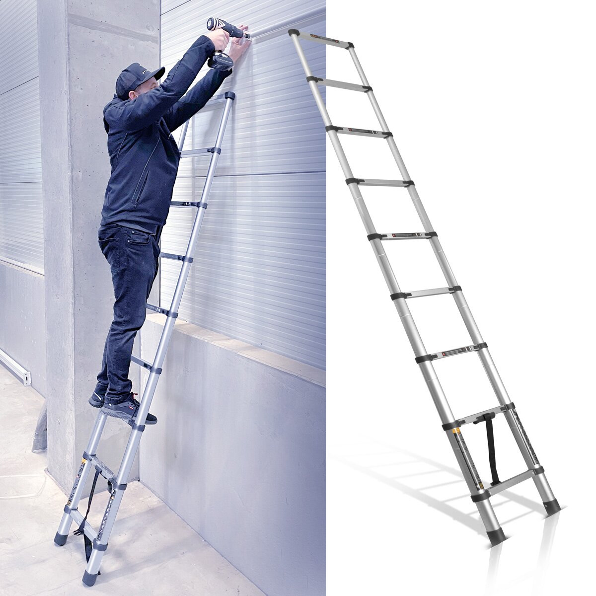 STAHLWERK telescopic ladder TL-260 ST with 150 kg load capacity and 2.60 m maximum length, extendable aluminum ladder | Leaning ladder | Rung ladder with non-slip rungs including 7-year manufacturer's guarantee