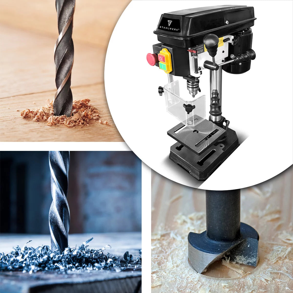 Taladradora de columna STAHLWERK BD-350 ST | Taladro de Banco Preciso 350W para Bricolaje, Construcción Metálica | Diámetro de perforación Ø 13 mm | 620 - 2.620 rpm | Mesa de perforación robusta y base metálica para mayor estabilidad.