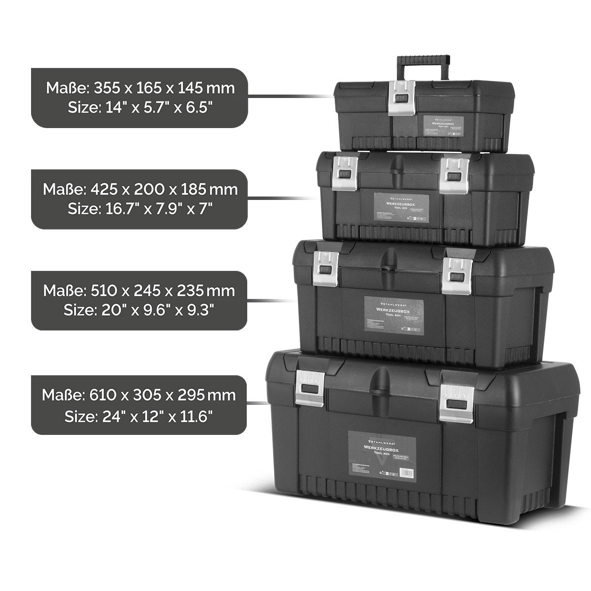 STAHLWERK Toolbox Set mit 4 leeren Werkzeugkisten | Werkzeugbox | Werkzeugkoffer | Werkzeugkasten | Werkzeug-Organizer | 4 in 1 Modul-System mit integrierten Sortimentsboxen