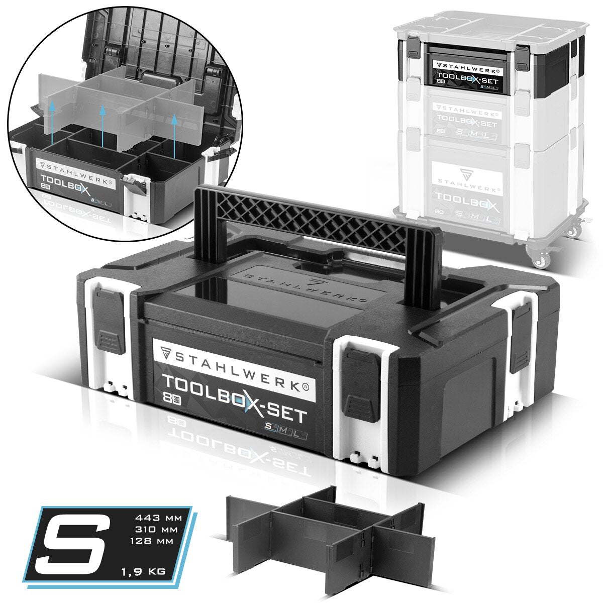 STAHLWERK Universal Toolbox mit Innenfach Größe S 443 x 310 x 128 mm stapelbare Systembox | Werkzeugkiste | Werkzeug-Organizer im Modul-System aus hochbelastbarem ABS-Kunststoff mit Tragegriff