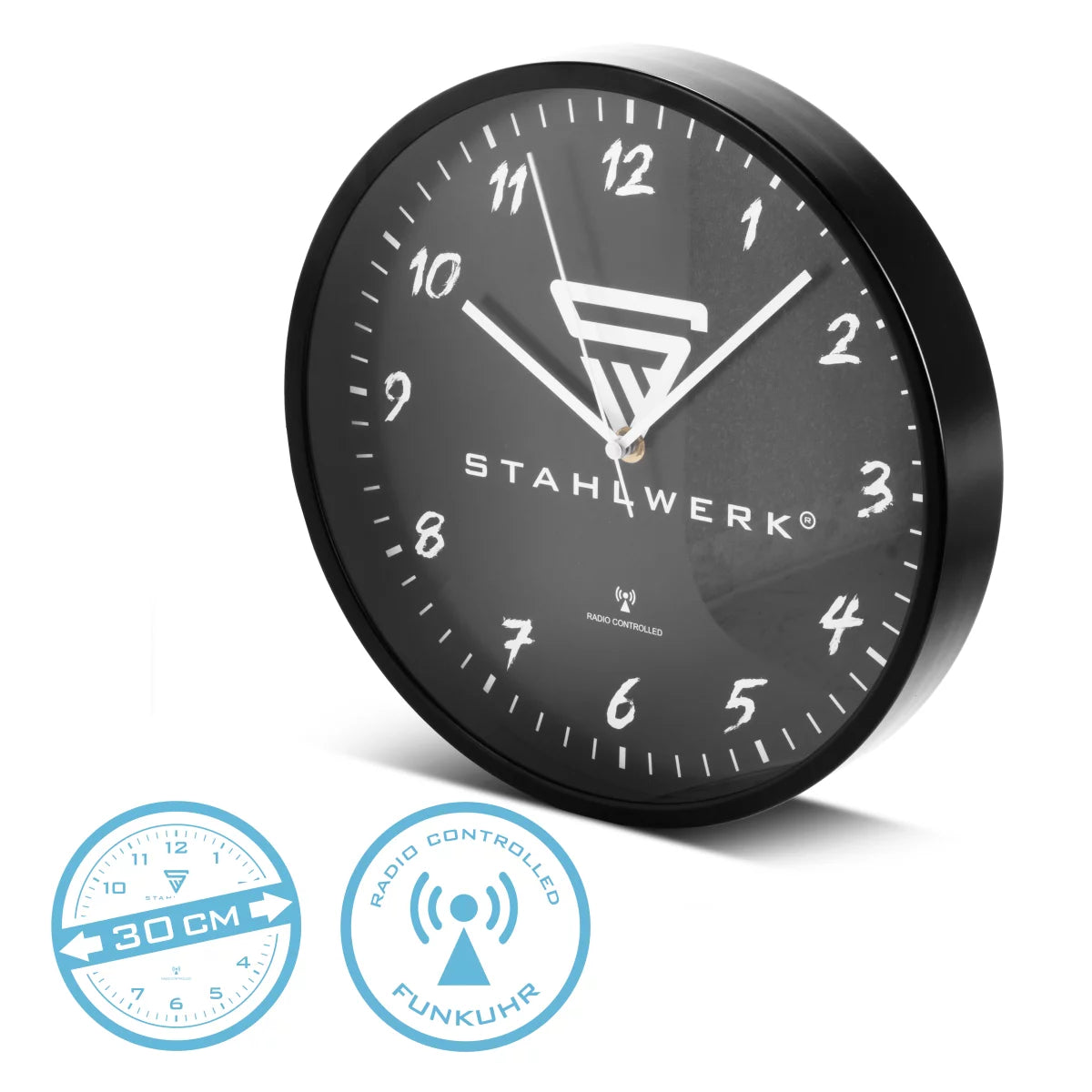STAHLWERK wall clock 30 cm black workshop clock | Radio controlled clock | Radio wall clock | Office clock | Kitchen clock with aluminum housing and RCC movement