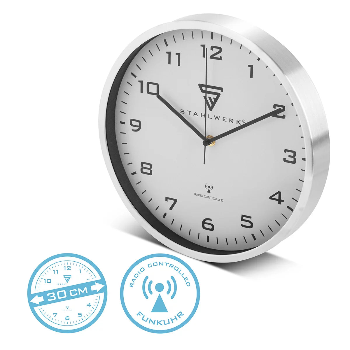 STAHLWERK wall clock 30 cm silver workshop clock | Radio controlled clock | Radio wall clock | Office clock | Kitchen clock with aluminum housing and RCC movement