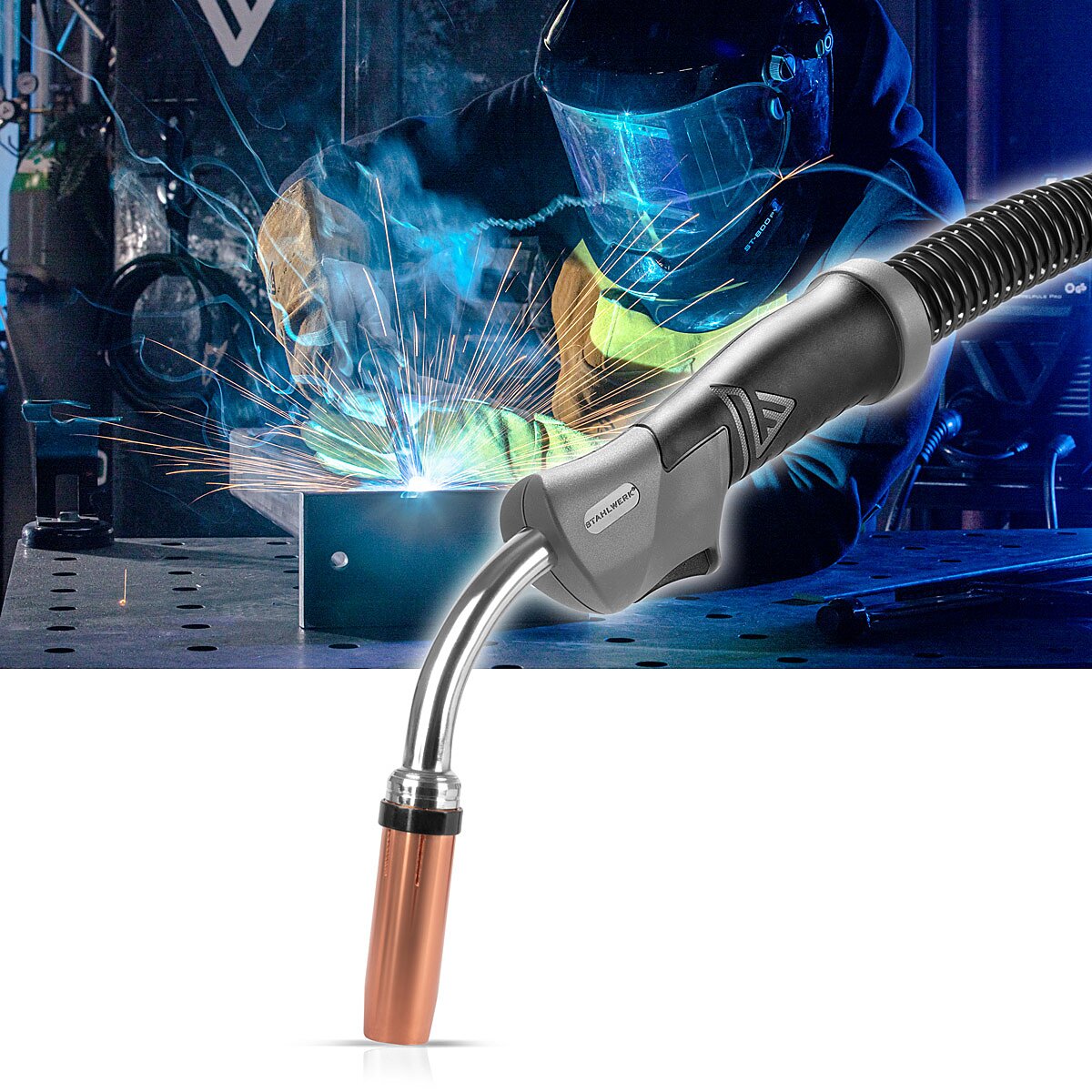Torche de soudage MIG MAG refroidie à l'eau STAHLWERK AK501D | MB501D jusqu'à 500 A avec faisceau de gaz inerte de 3 m et raccordement central Euro