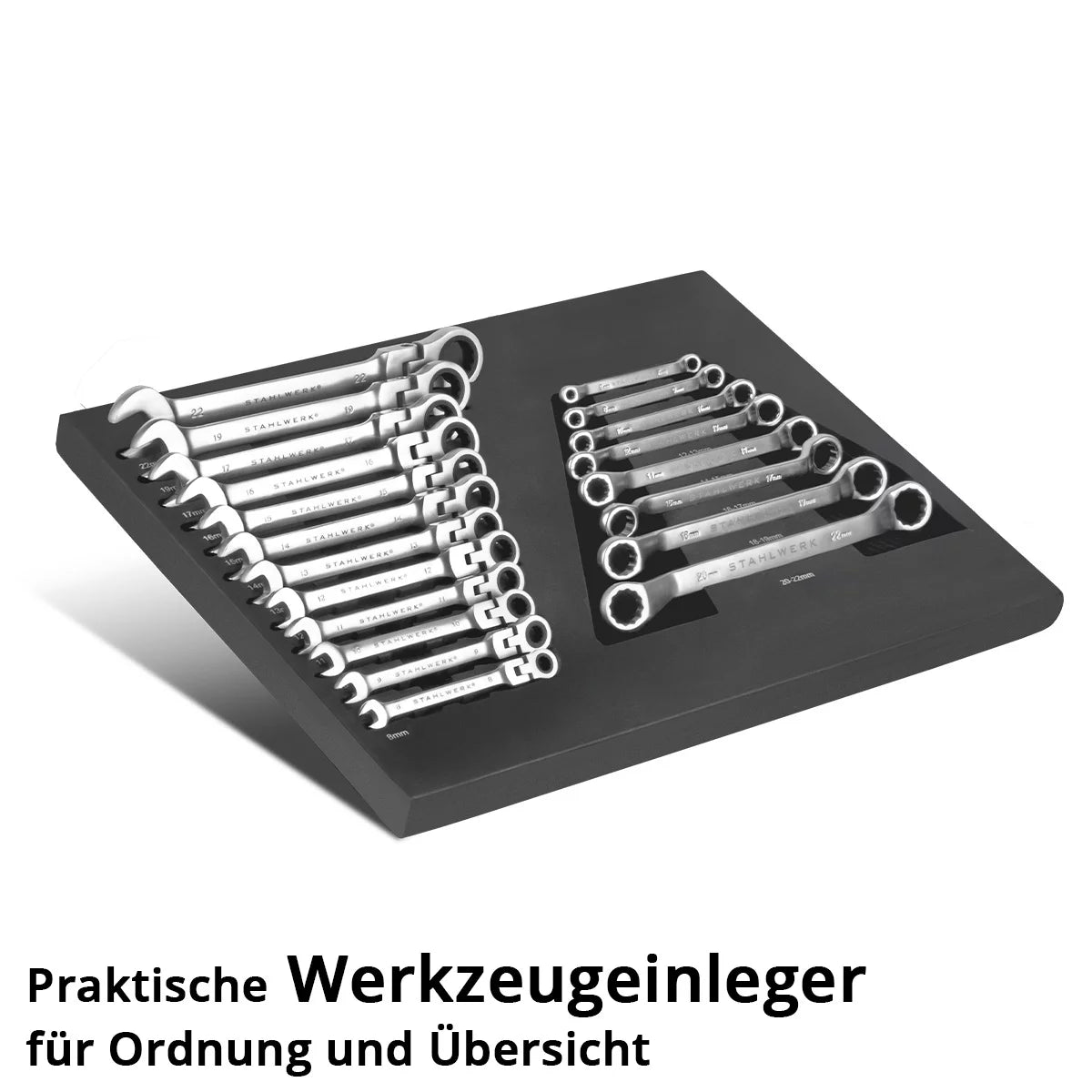 Jeu de clés STAHLWERK 20 pièces avec insert en mousse | Pour chariots d'atelier | Jeu de clés dynamométriques et de clés polygonales | Clé à fourche inclinable incluse Insert en mousse souple