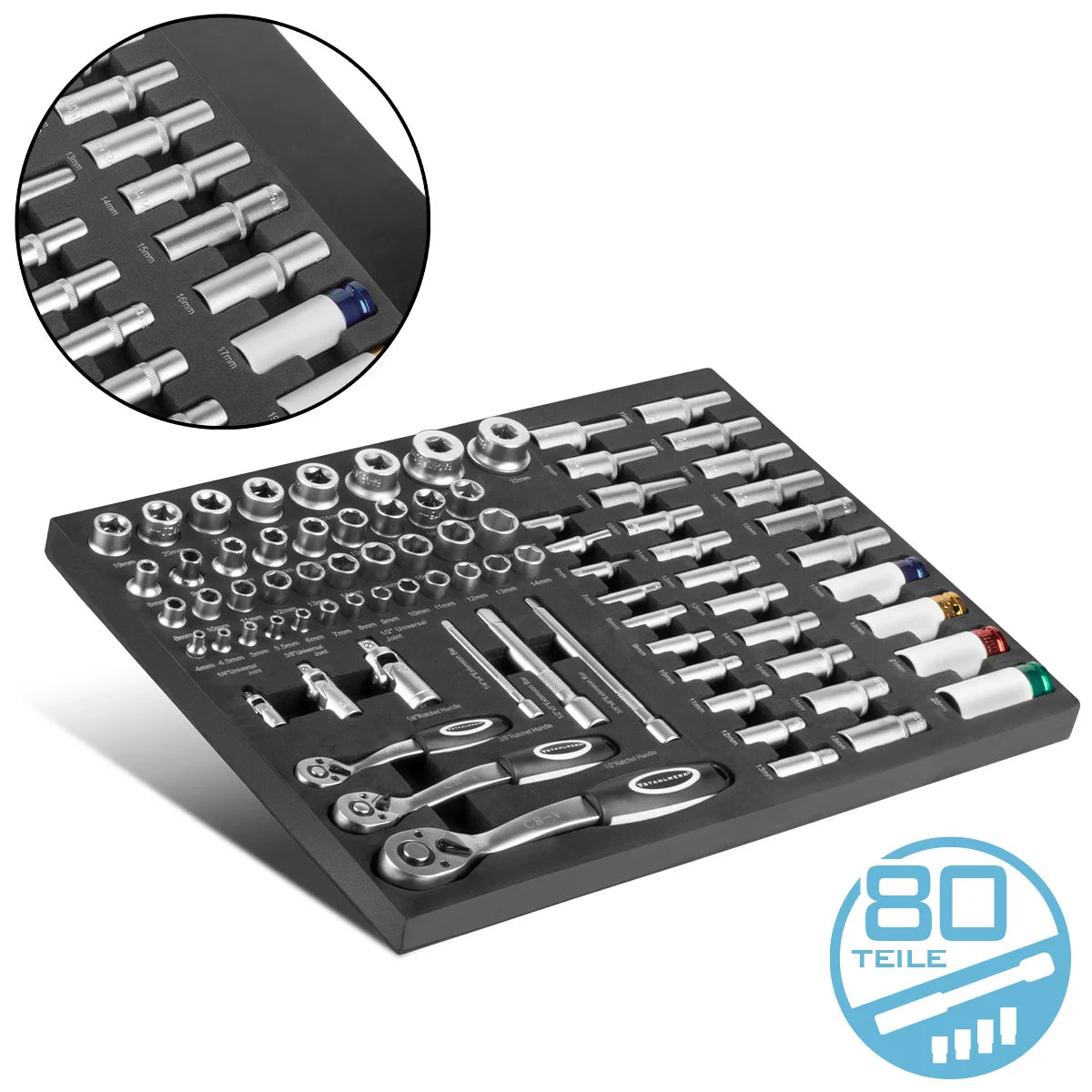 STAHLWERK 80-teiliger Profi-Steckschlüsselsatz in Werkstattwageneinlage | Hochwertiges CrV-Werkzeug | Werkzeugwageneinlage | Perfekte Organisation | Knarren- und Ratschen-Set | 1/4", 3/8", 1/2"