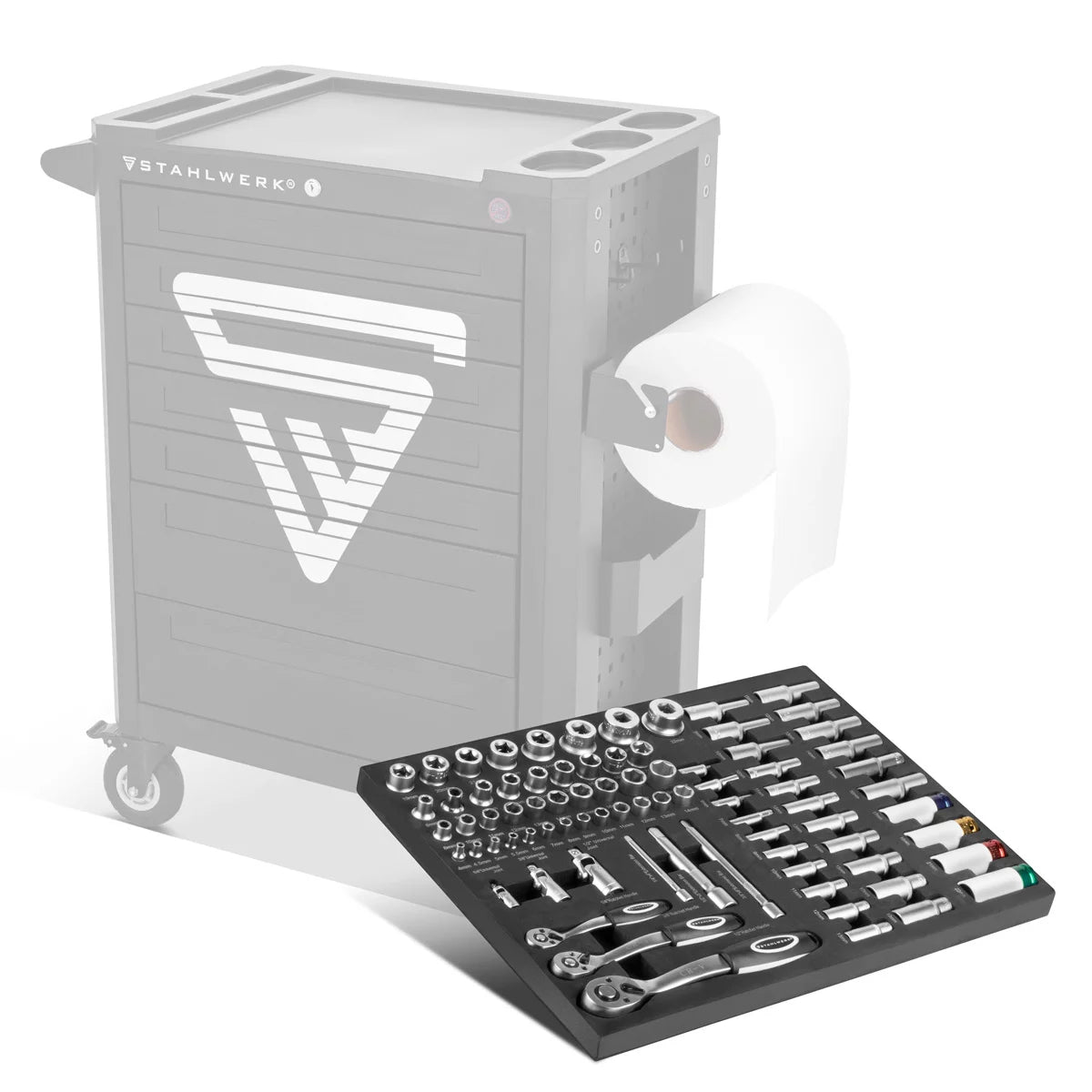STAHLWERK 80-teiliger Profi-Steckschlüsselsatz in Werkstattwageneinlage | Hochwertiges CrV-Werkzeug | Werkzeugwageneinlage | Perfekte Organisation | Knarren- und Ratschen-Set | 1/4", 3/8", 1/2"