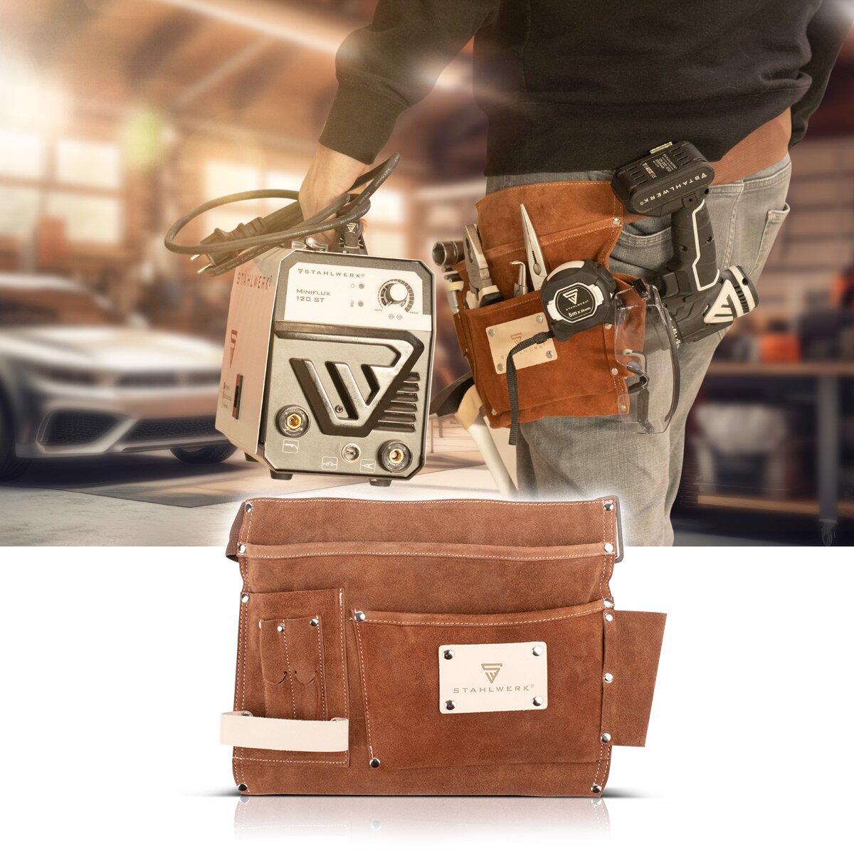 STAHLWERK tool belt made of genuine suede with 3 pockets, 3 pockets and 1 hammer holder | robust belt bag with durable workmanship | Tool bag with adjustable quick-release belt