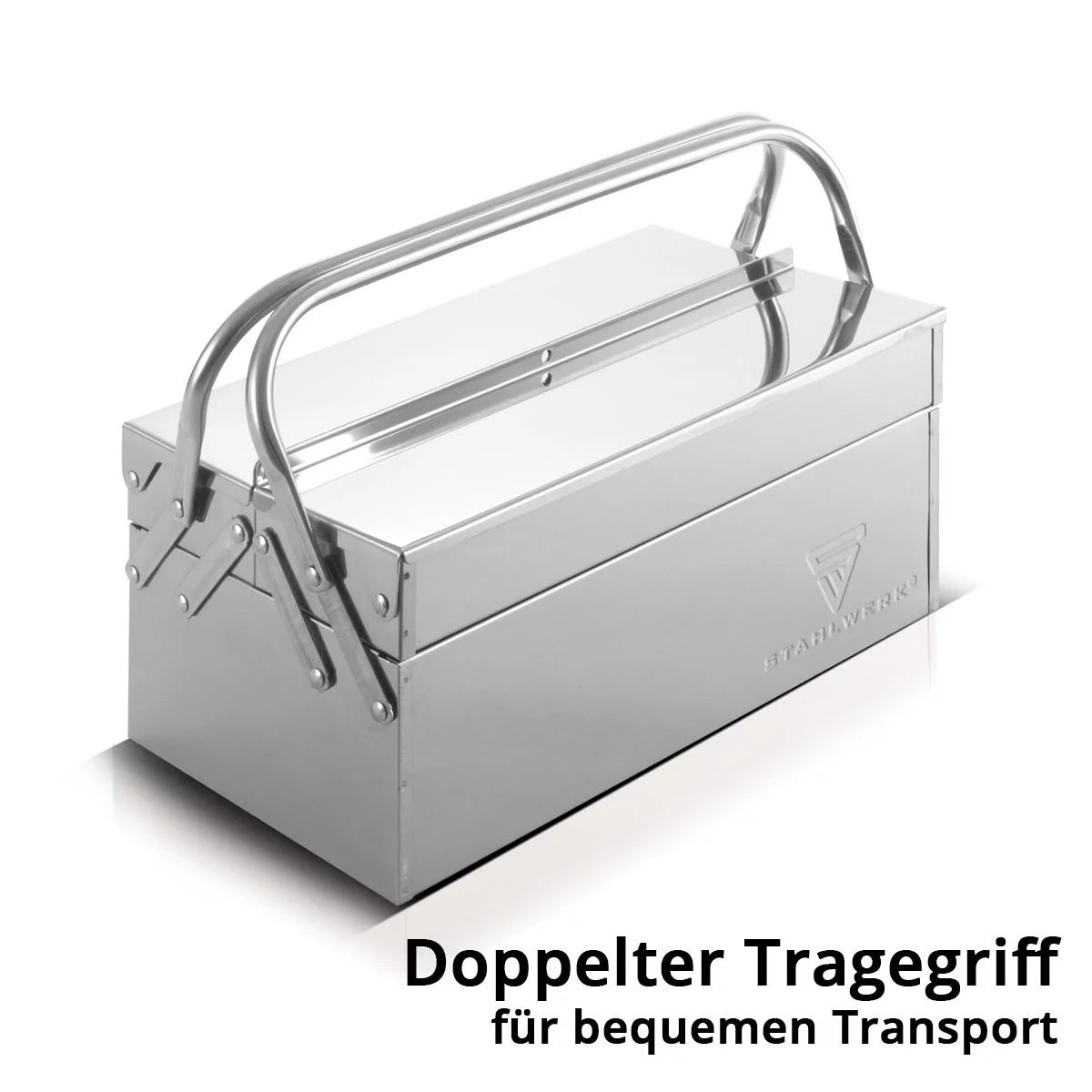 STAHLWERK Werkzeugkasten aus Edelstahl | Werkzeugkiste aus Metall, seitlich ausziehbar | hochwertige Werkzeugbox leer mit 3 Fächern | platzsparender Werkzeug-Organizer ohne Werkzeug