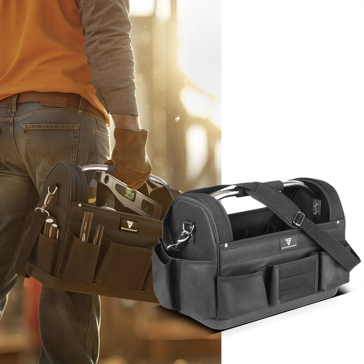 STAHLWERK Werkzeugtasche | 11 Aussen- und 10 Innentaschen | Robuste Installateur-Tasche | Tragbarer Werkzeugkoffer | Montagetasche mit Tragegriff und Schultergurt | Strapazierfähiges Polyester-Gewebe