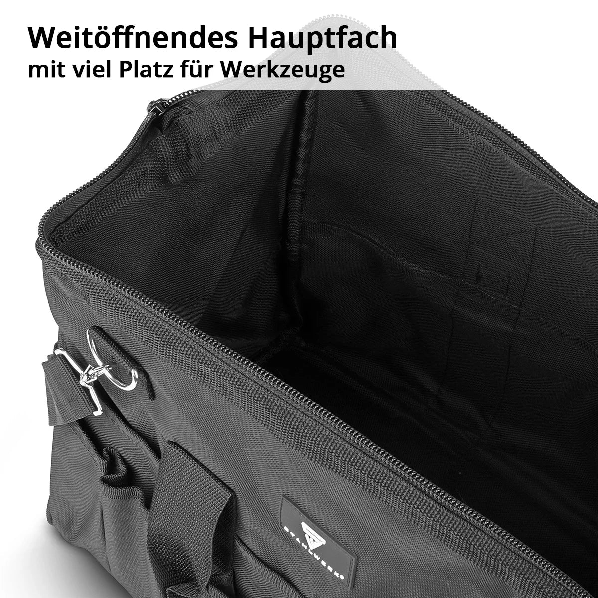 STAHLWERK Werkzeugtasche | 15 Aussen- und 6 Innenfächer | Weitöffnende Installateur-Tasche | Tragbarer Werkzeugkoffer | Montagetasche mit Doppelgriff und Gurt | Strapazierfähiges Polyester-Gewebe