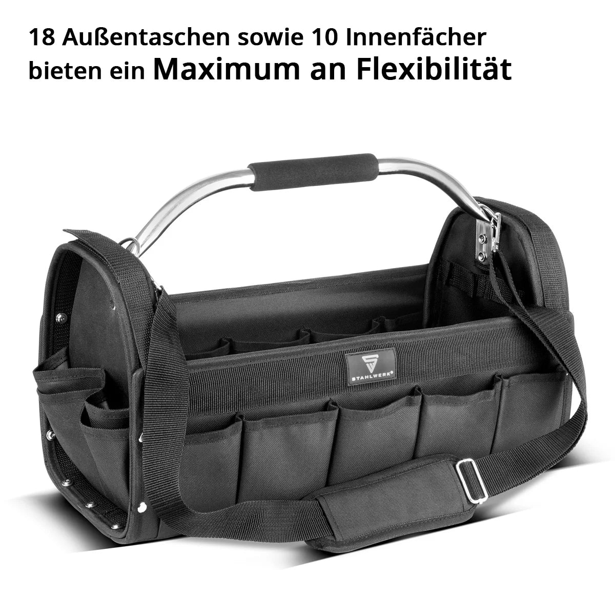 STAHLWERK Werkzeugtasche | 18 Aussen- und 10 Innentaschen | Robuste Installateur-Tasche | Tragbarer Werkzeugkoffer | Montagetasche mit Tragegriff und Schultergurt | Strapazierfähiges Polyester-Gewebe