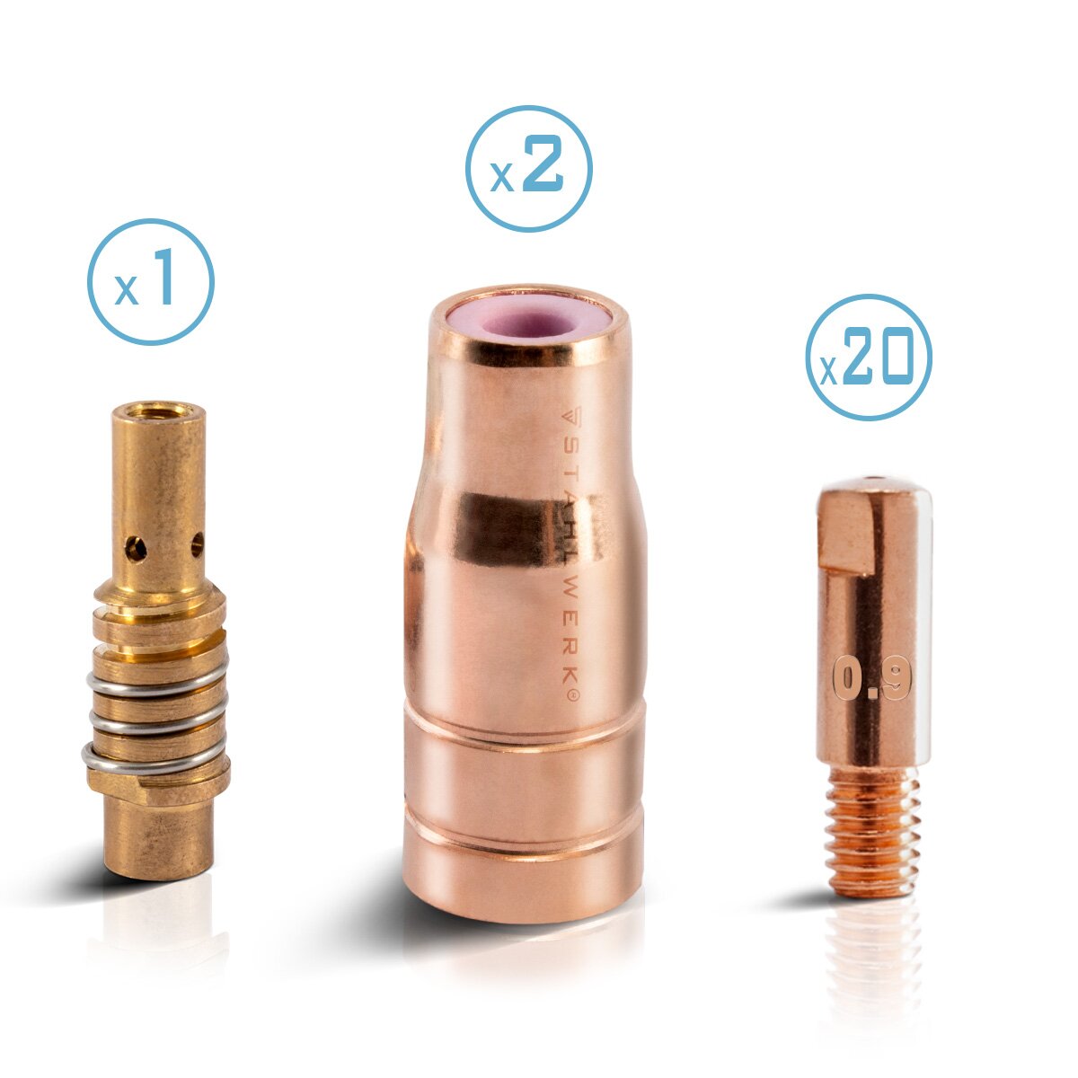 Juego de piezas de desgaste STAHLWERK FLUX AK15/MB15 AK14/MB14 | Juego de accesorios de soldadura originales de 23 piezas con boquillas de hilo tubular | Portaboquillas y boquillas de contacto 0,9 mm