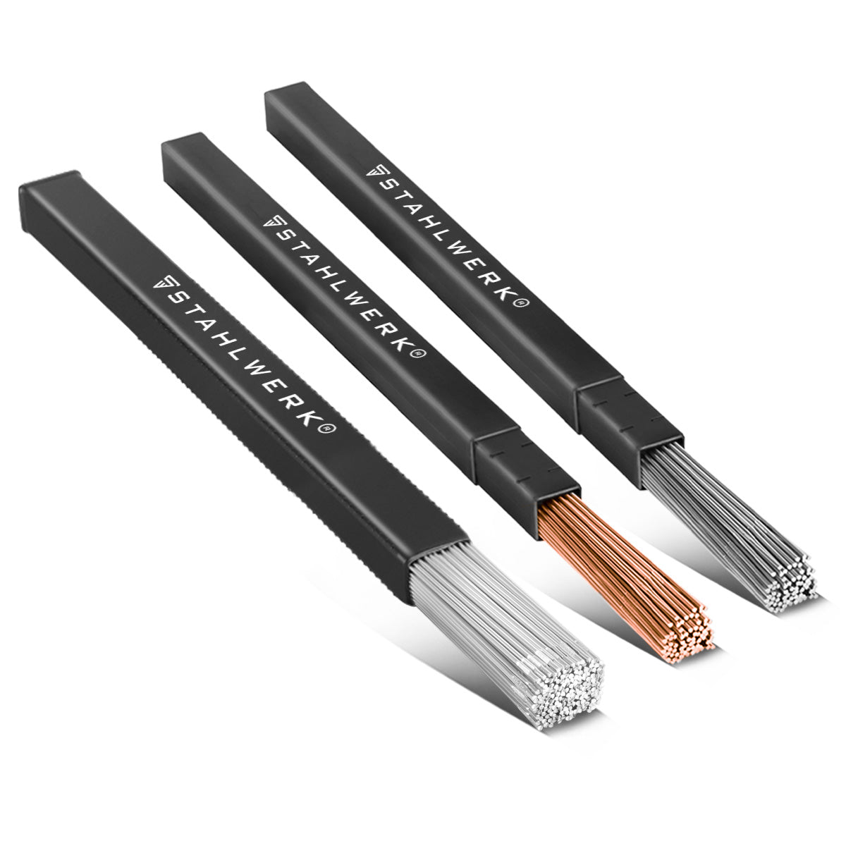 Juego de varillas para soldar TIG STAHLWERK acero / acero inoxidable / aluminio / Ø 2,5/2,4 mm x 500 mm / 1 kg cada una / incluida caja de almacenamiento