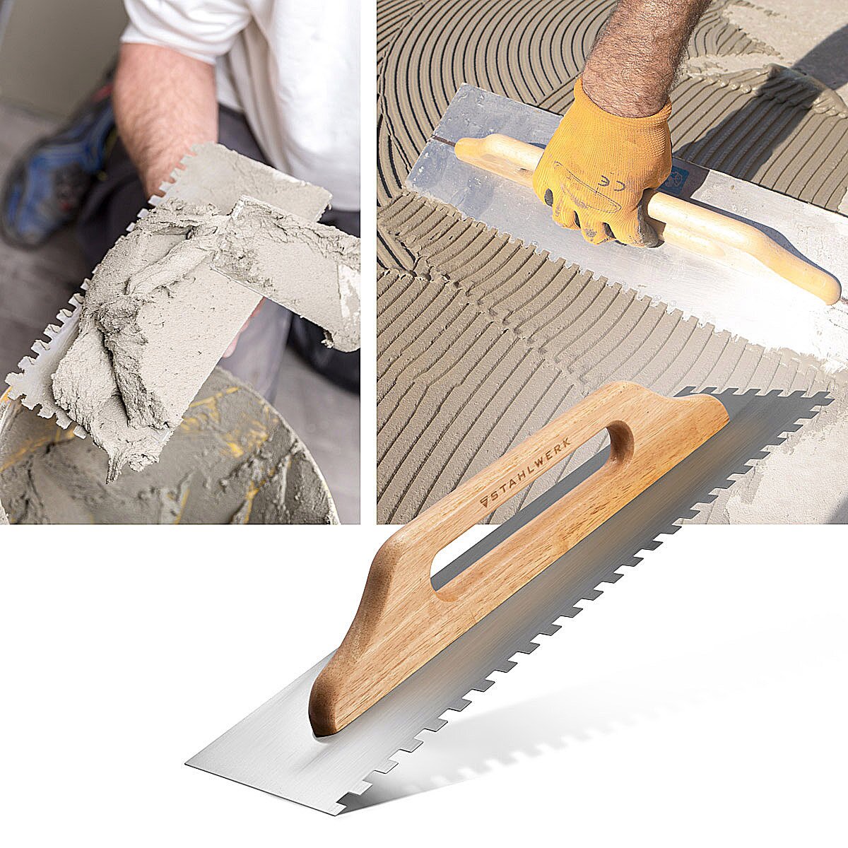 Llana alisadora de dos manos STAHLWERK 140 x 500 mm con dientes cuadrados de 10 mm, llana de limpieza profesional de acero al carbono de alta calidad / llana / llana lisa / llana suiza