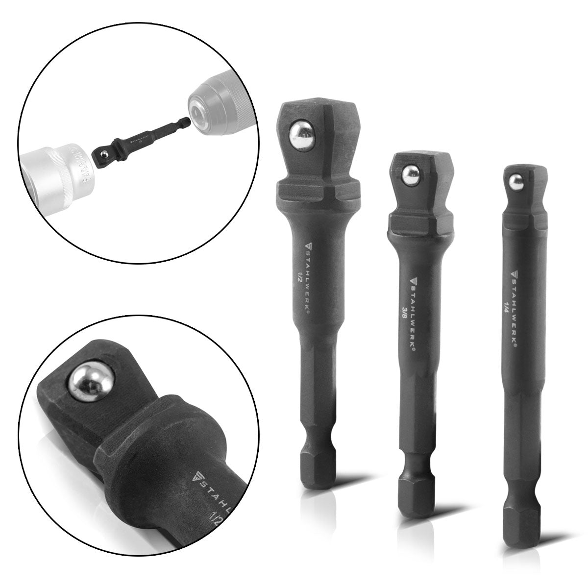 STAHLWERK 3-piece socket wrench adapter set made of chrome-molybdenum with ball lock suitable for cordless screwdrivers and drills