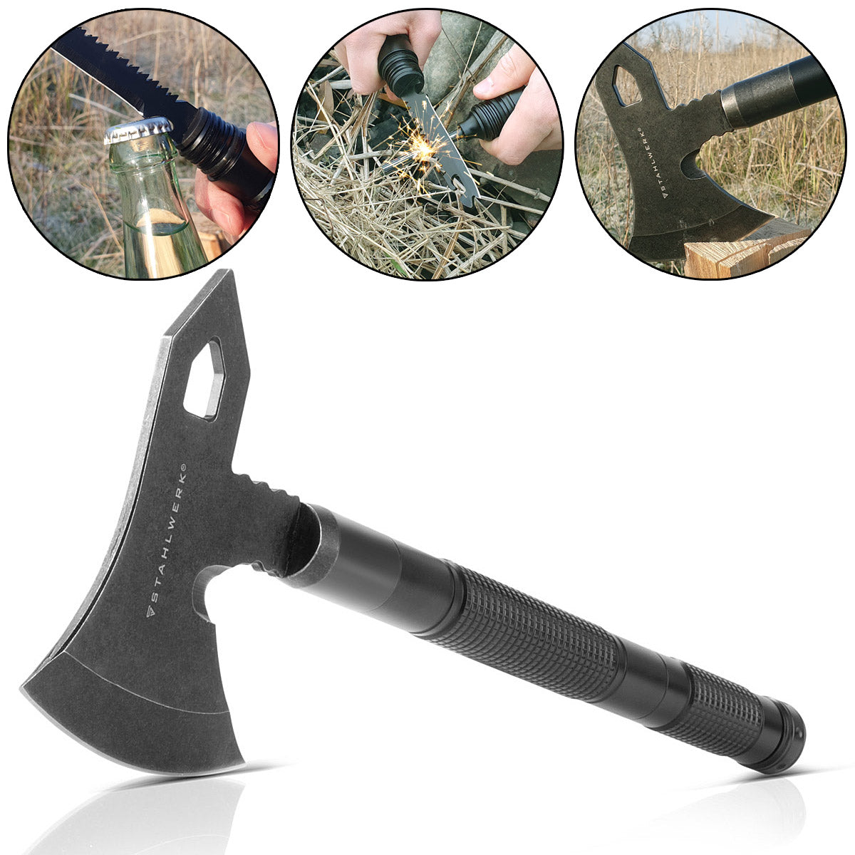Multiutensile STAHLWERK / strumento multifunzione / kit di sopravvivenza all'aperto con ascia, coltello multifunzione, sega, martello di emergenza e fischietto con acciaio antincendio