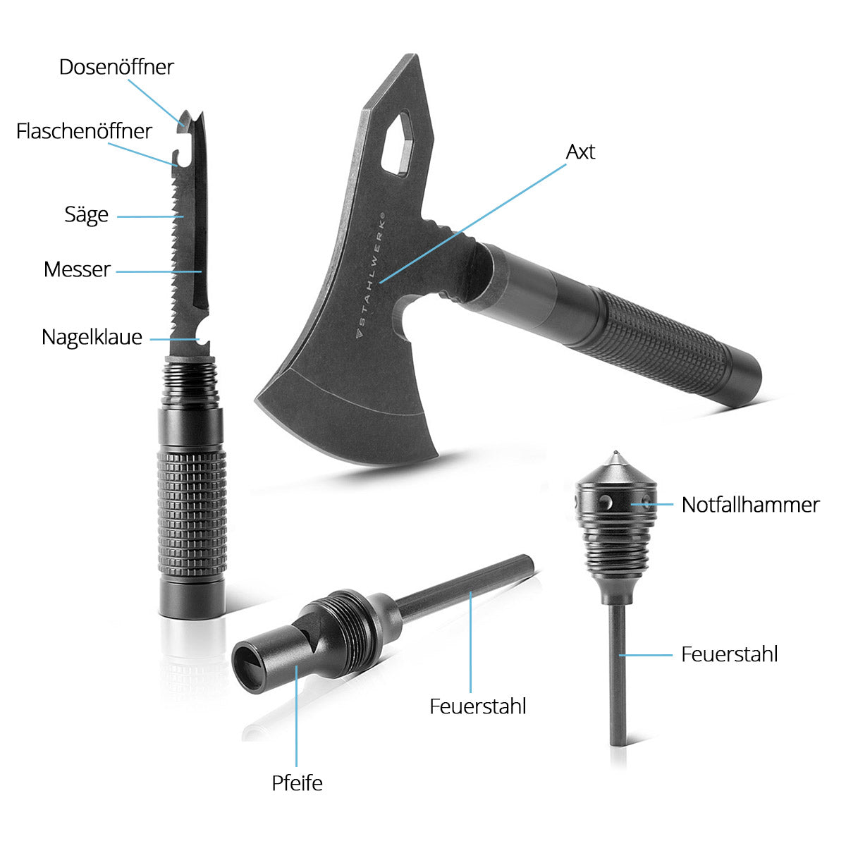 STAHLWERK Multitool / Multifunktionswerkzeug / Outdoor Survival Kit mit Axt, Multifunktions-Messer, Säge, Notfallhammer und Signalpfeife mit Feuerstahl