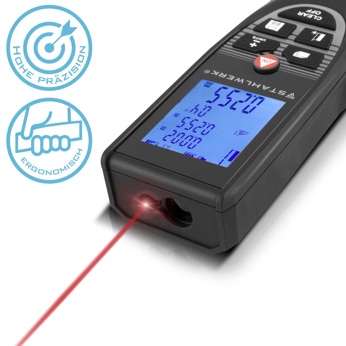 Telémetro láser STAHLWERK LE-100 ST Medidor de distancias de hasta 100 m con pantalla digital LCD iluminada, medidor de distancias y telémetros para medir distancias y volúmenes con precisión en obras o en interiores
