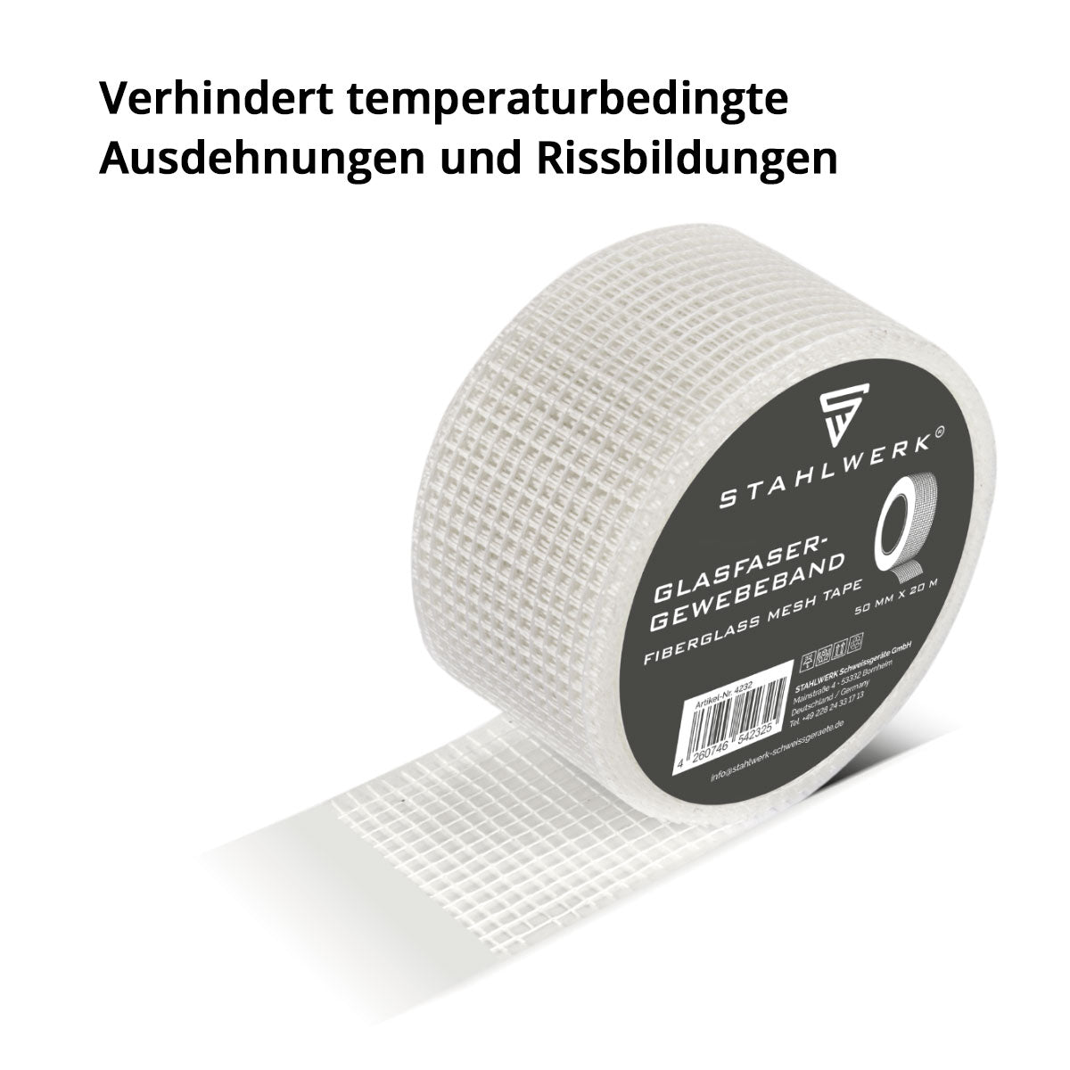 STAHLWERK Glasfaser-Gewebeband 20 m x 50 mm, selbstklebendes Trockenbau Fugenband / Fugendeckstreifen / Bewehrungsstreifen mit Gitternetzstruktur für Spachtelarbeiten