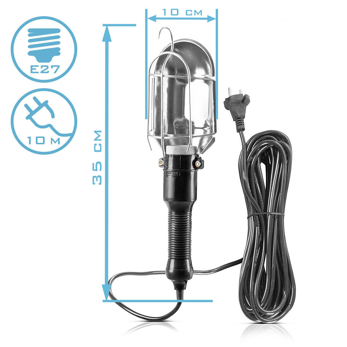 STAHLWERK work light with E27 socket up to max. 60 W workshop light with 10 m cable, hanging hook and rubberized handle, construction light | Work lamp | Hand lamp for repairs and renovation work