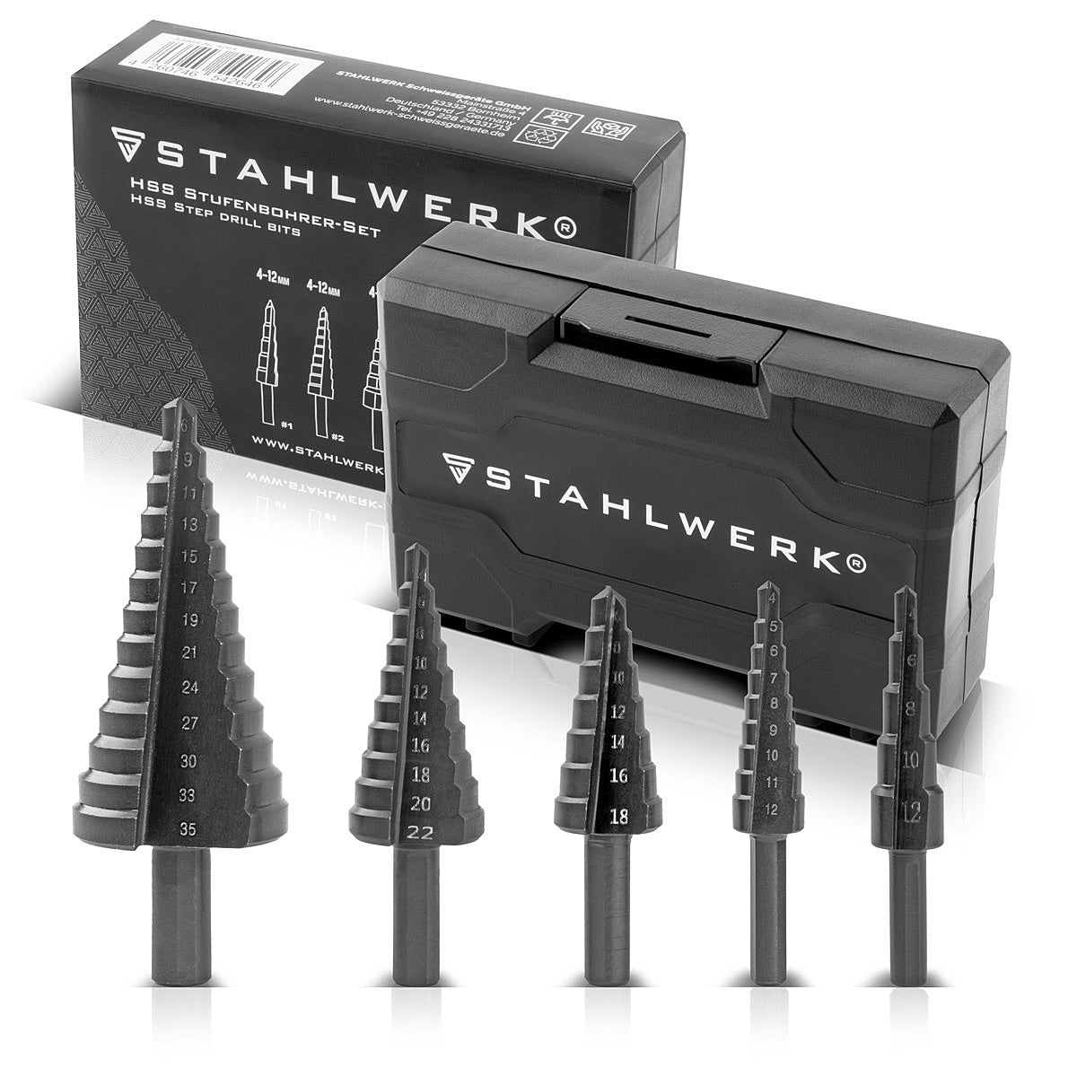 STAHLWERK HSS step drill / cone drill set 5 pieces with TiAlN coating, countersunk drill / metal drill for precise drilling of alloyed and non-alloyed steels including plastic storage box