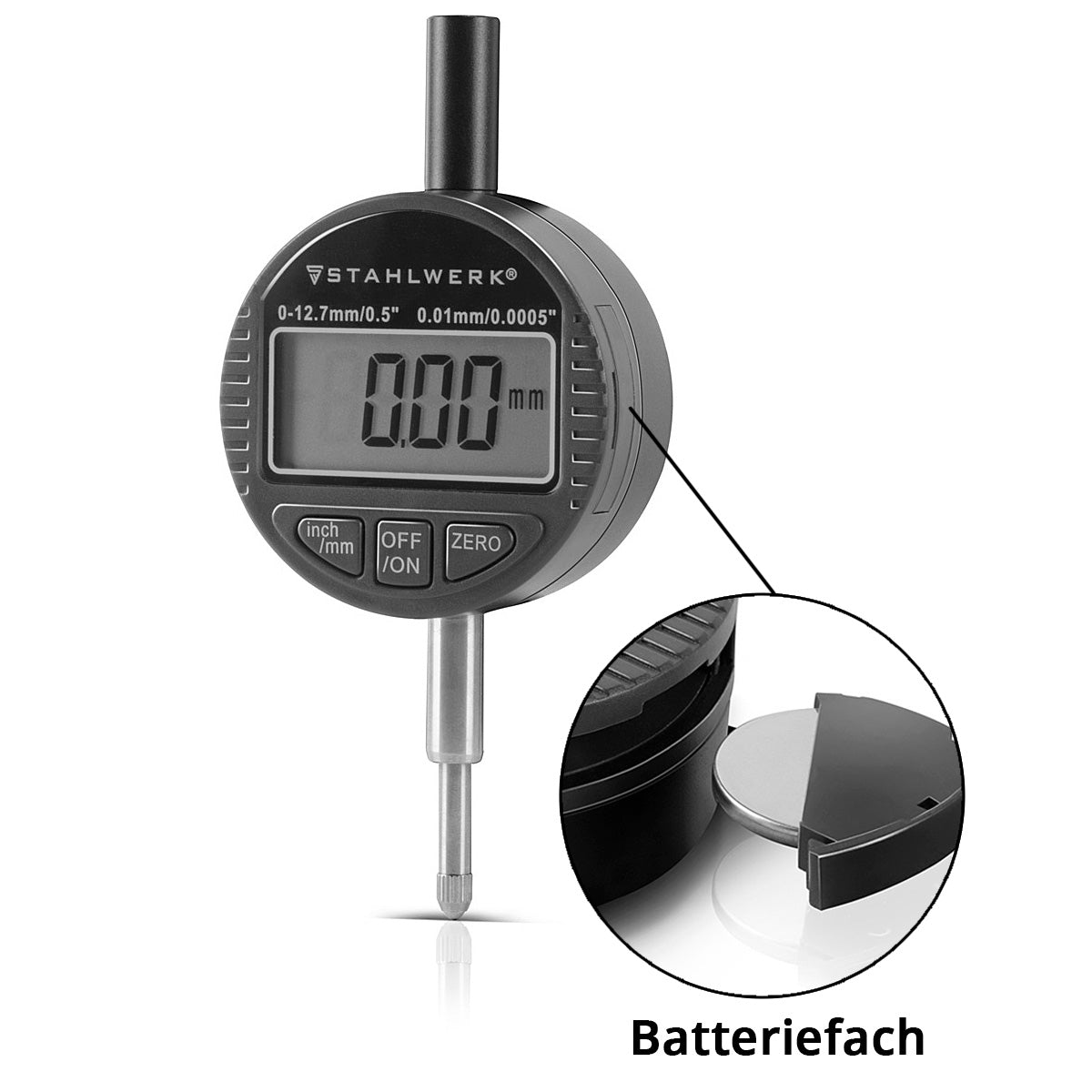 STAHLWERK digital dial indicator with 0-12.7 mm (0.5") measuring range, measuring probe for precision measurements in millimeters and inches