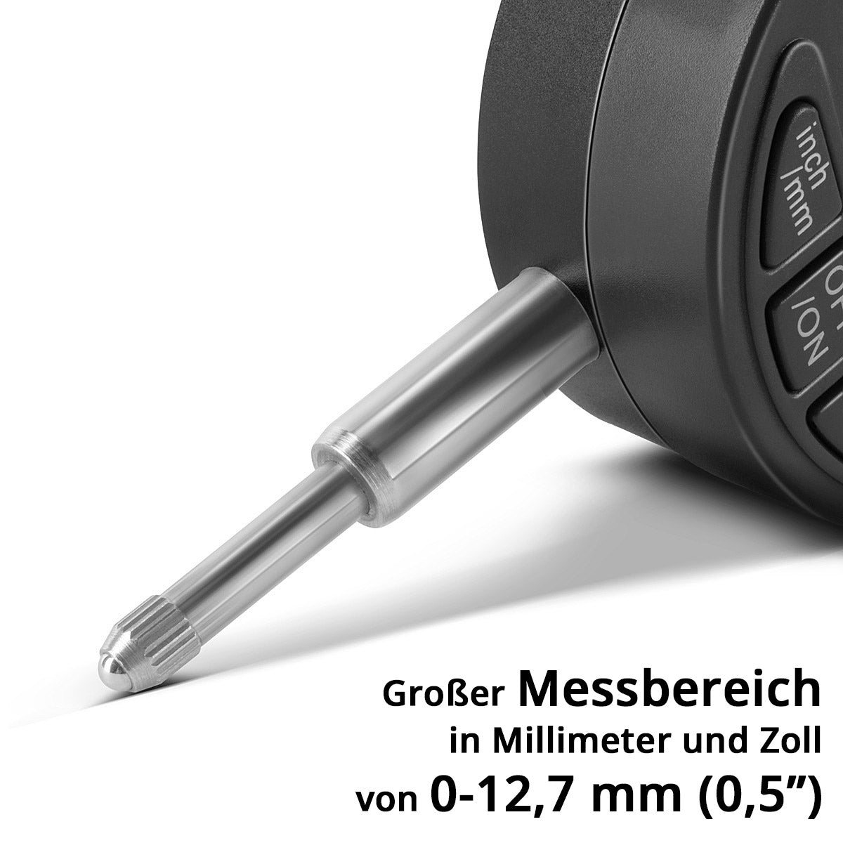 STAHLWERK digital dial indicator with 0-12.7 mm (0.5") measuring range, measuring probe for precision measurements in millimeters and inches