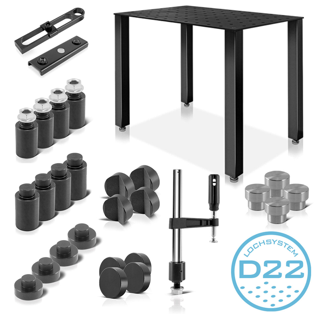 Juego de mesa de soldadura STAHLWERK, mesa de montaje con sistema de orificios D22 y encimera de 12 mm como kit de bricolaje en set con topes magnéticos, abrazadera de tornillo, tope, pernos de sujeción y centrado