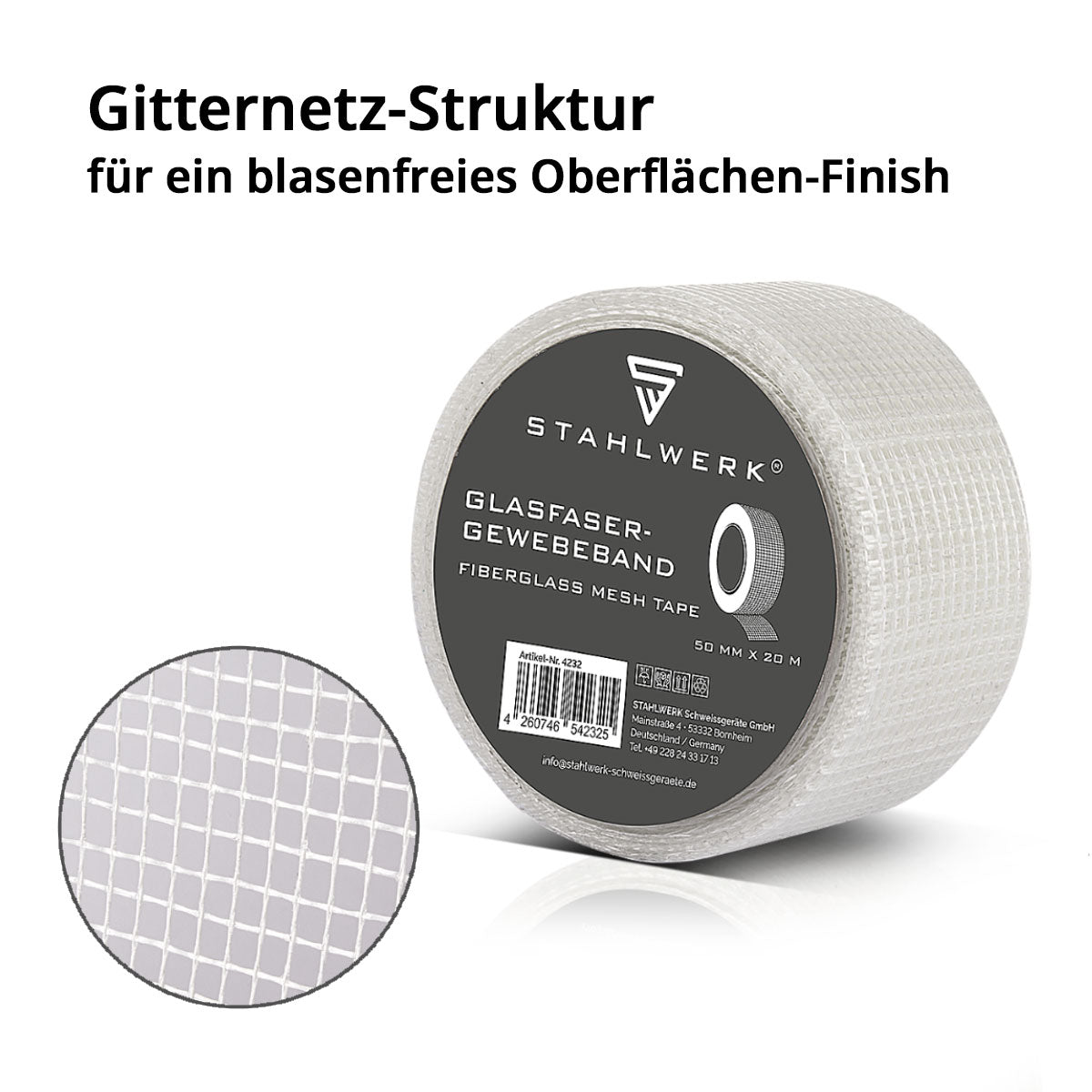 STAHLWERK Glasfaser-Gewebeband 3er Set 20 m x 50 mm, selbstklebendes Trockenbau Fugenband / Fugendeckstreifen / Bewehrungsstreifen mit Gitternetzstruktur für Spachtelarbeiten
