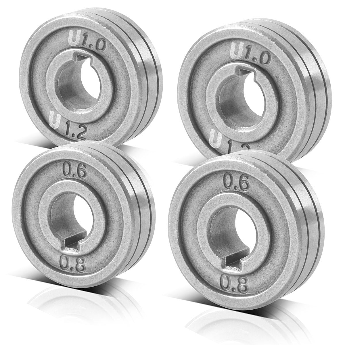 Set STAHLWERK di 4 rulli guidafilo/rulli trainafilo con profilo a V da 0,6 / 0,8 mm e profilo a U da 1,0 / 1,2 mm per la saldatura di alluminio, filo animato e filo pieno con saldatrici MIG MAG