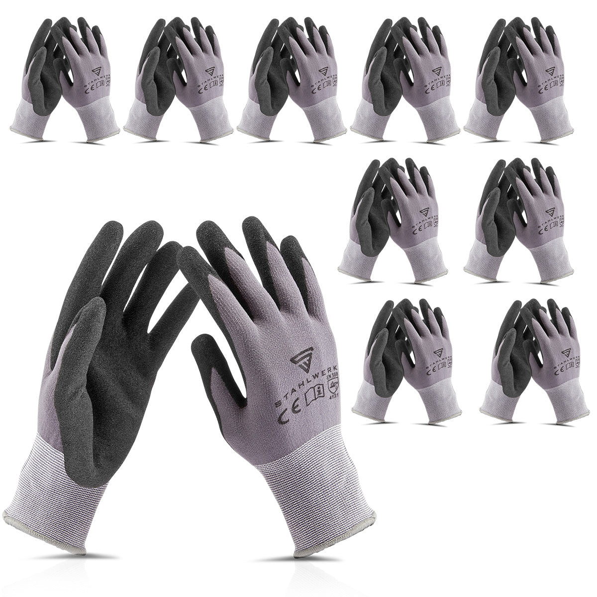 Guantes de trabajo y montaje STAHLWERK talla L paquete de 10 / ropa de protección / robustos y resistentes de caucho nitrilo