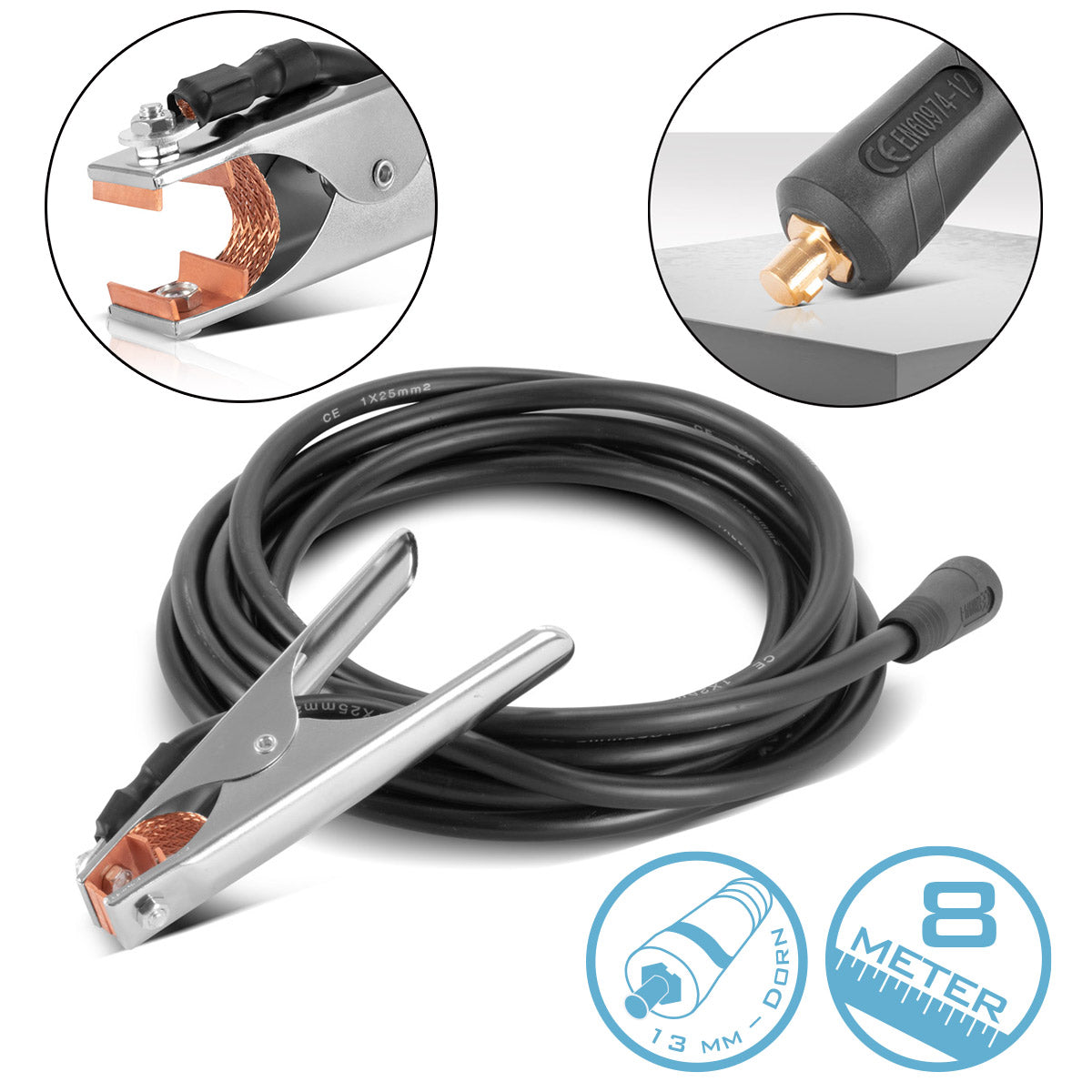 STAHLWERK ground clamp up to 300 A ground clamp | Earth clamp including 8 m welding cable | Ground cable with 25 mm² and 13 mm plug