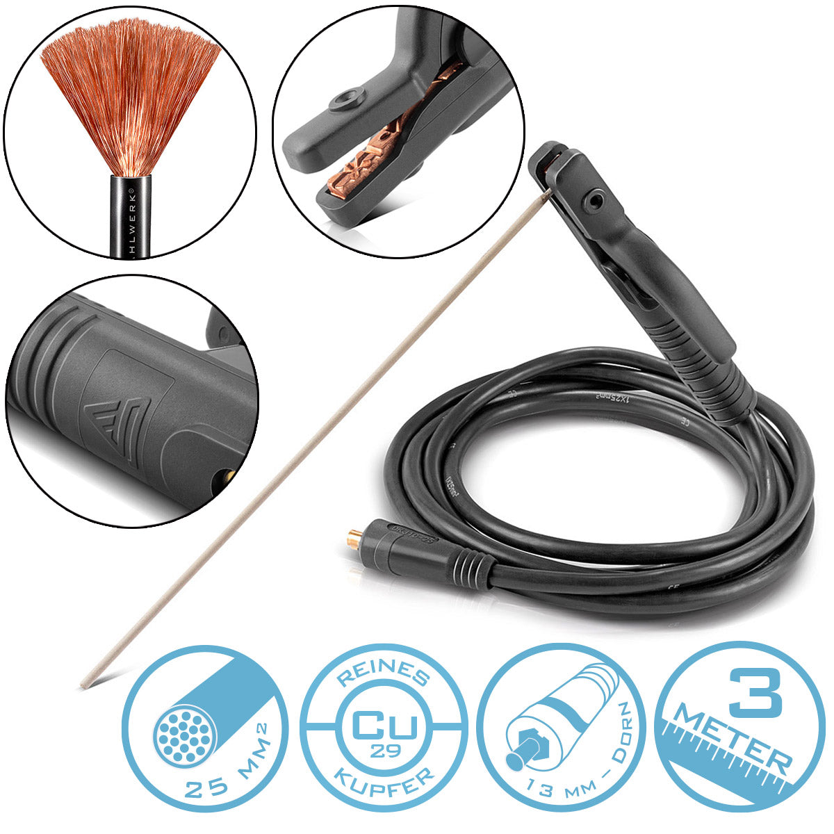 STEEL PLANT MMA | ARC electrode holder up to 200 A welding gun | Electrode forceps | Electrode clamp for welding machines including 3 m welding cable made of pure copper with 25 mm² and 13 mm plug